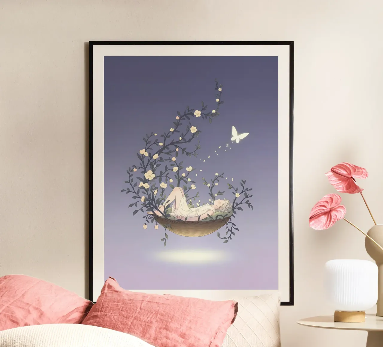 Donna che dorme nei sogni Lofi Art poster con telaio in legno da LoFi Gallery