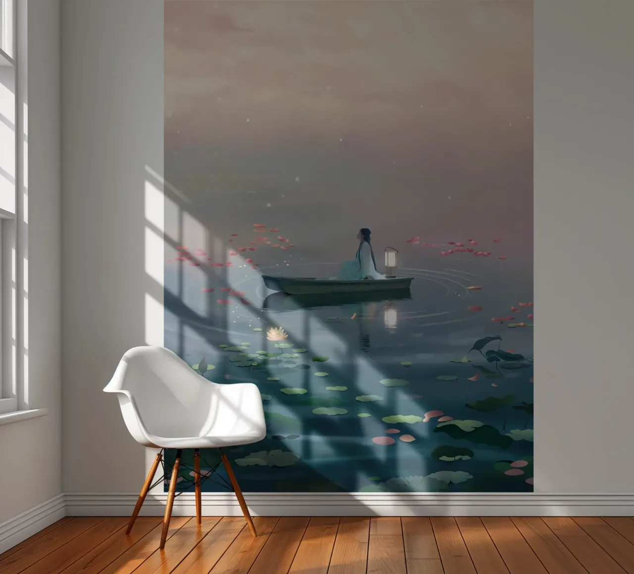 Vrouw tussen de vijver op de boot Lofi Art fotobehang van LoFi Gallery