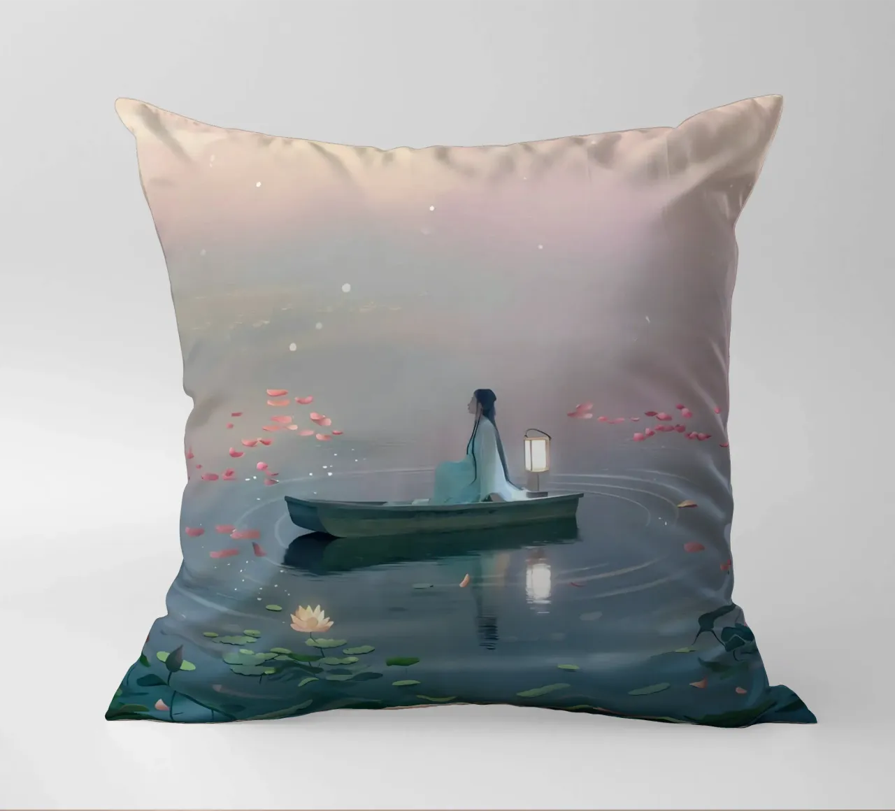 Woman Between The Pond On The Boat Lofi Art decorative cushion by LoFi Gallery