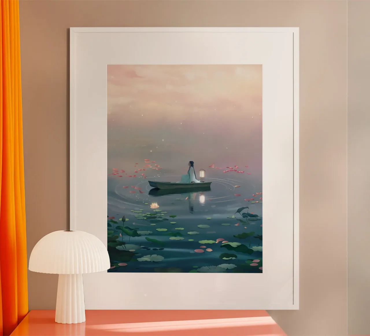 Vrouw tussen de vijver op de boot Lofi Art poster met houten frame van LoFi Gallery