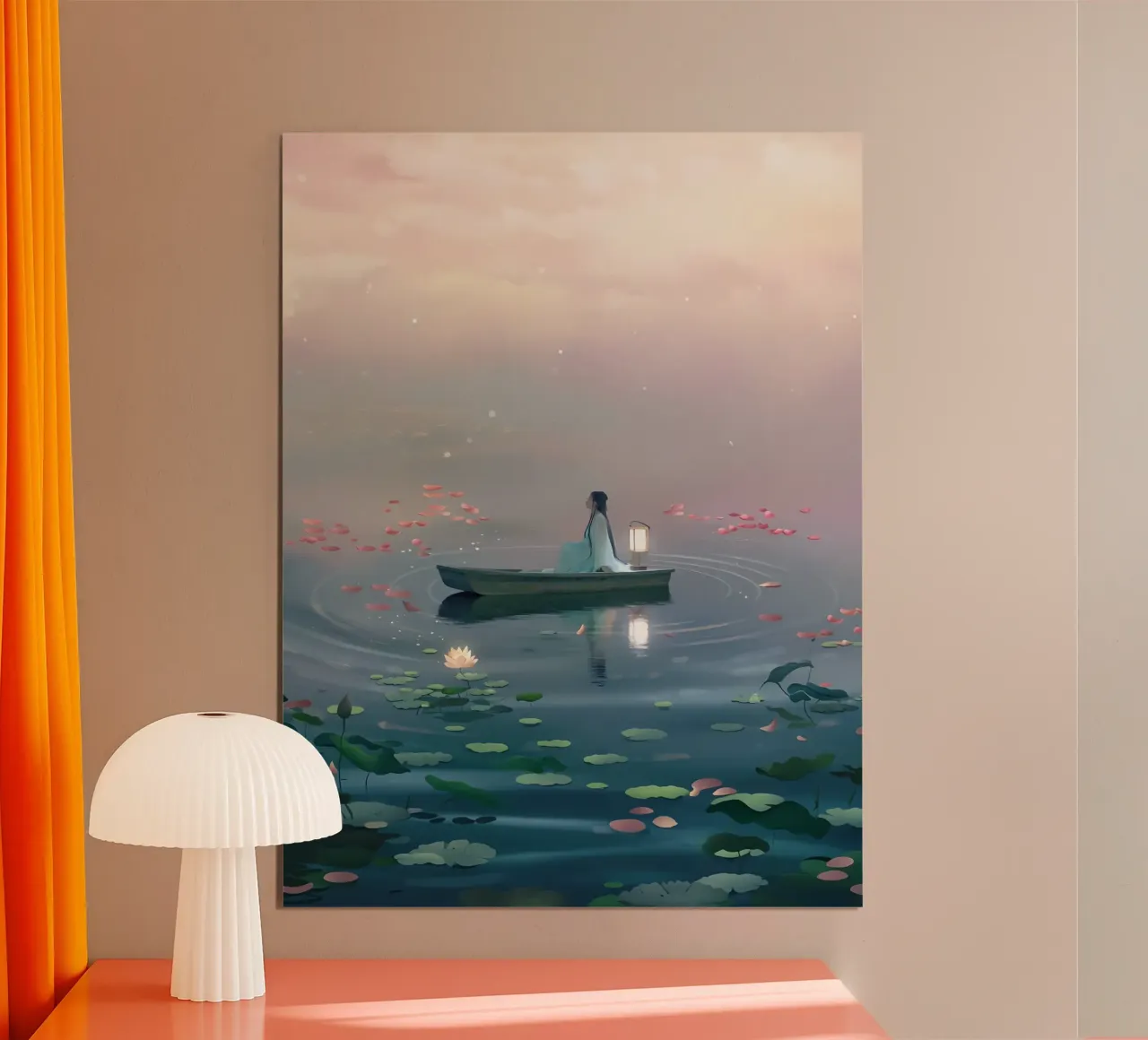Vrouw tussen de vijver op de boot Lofi Art poster met houten frame van LoFi Gallery