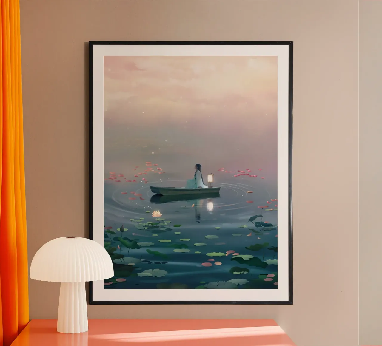 Vrouw tussen de vijver op de boot Lofi Art poster met houten frame van LoFi Gallery