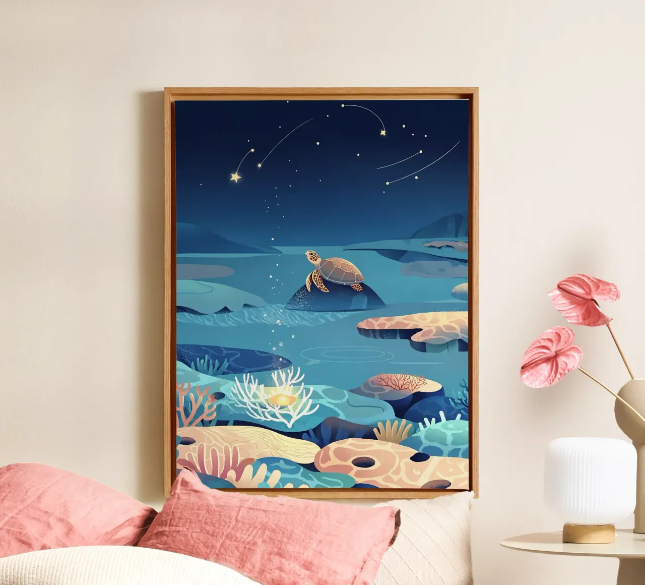 Schildpad in zee Lofi kunst canvas met Baklijst van LoFi Gallery