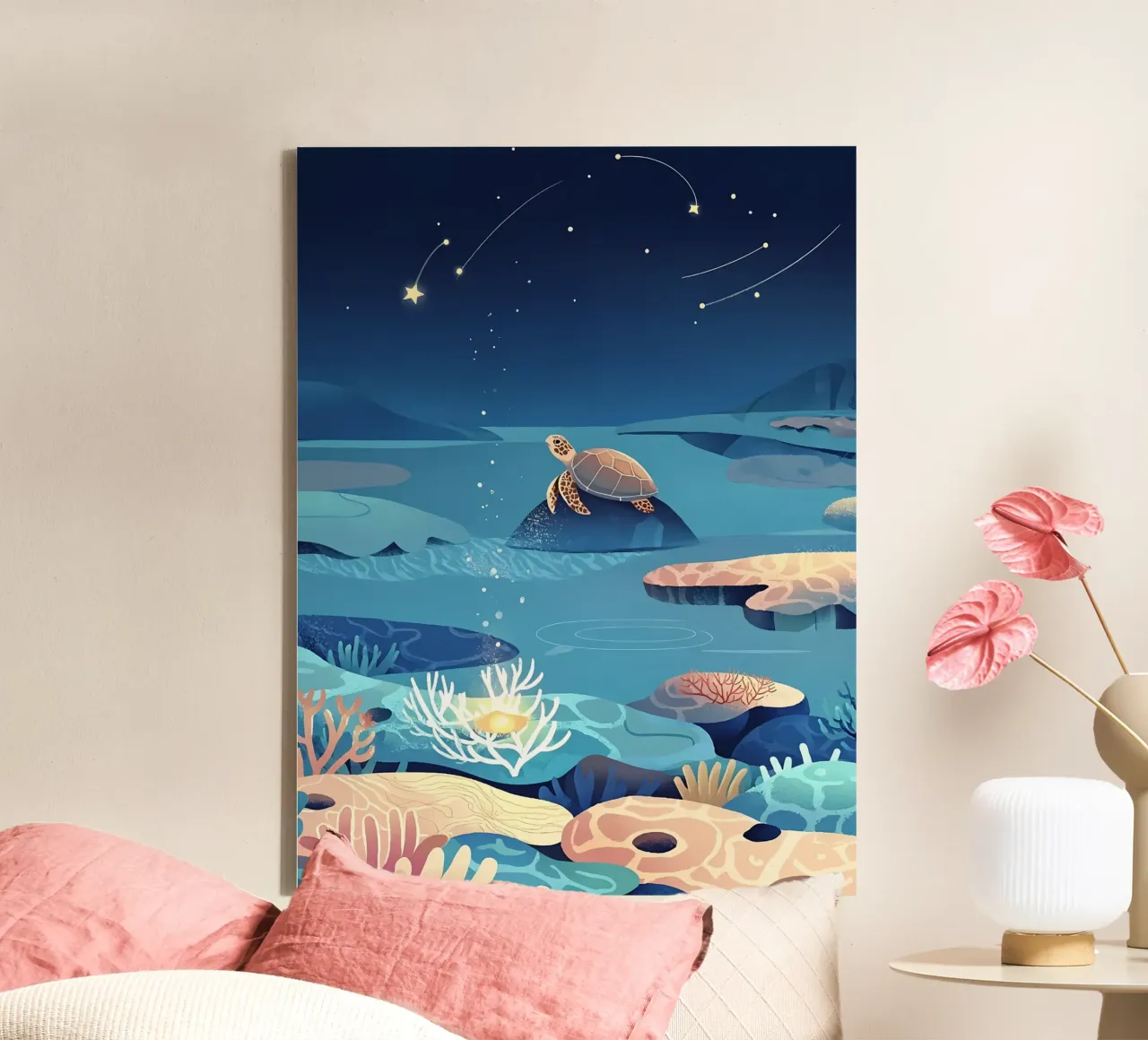 Schildpad in zee Lofi kunst canvas met Baklijst van LoFi Gallery