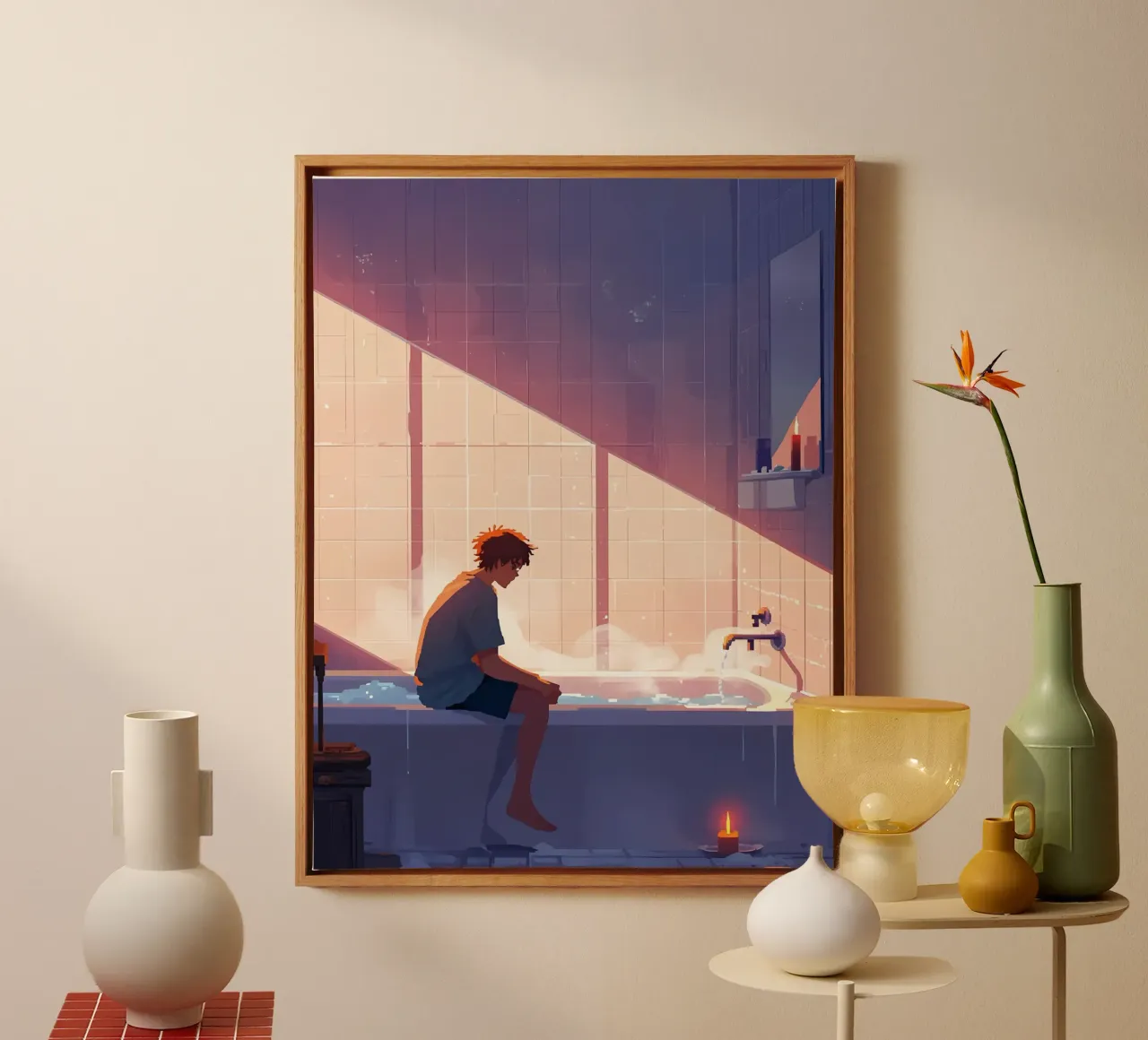 Jongen bij badkuip Lofi kunst canvas met Baklijst van LoFi Gallery