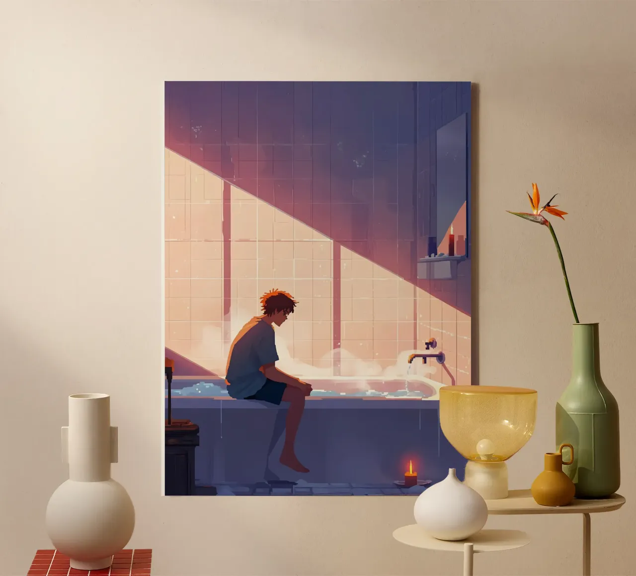 Jongen bij badkuip Lofi kunst canvas met Baklijst van LoFi Gallery