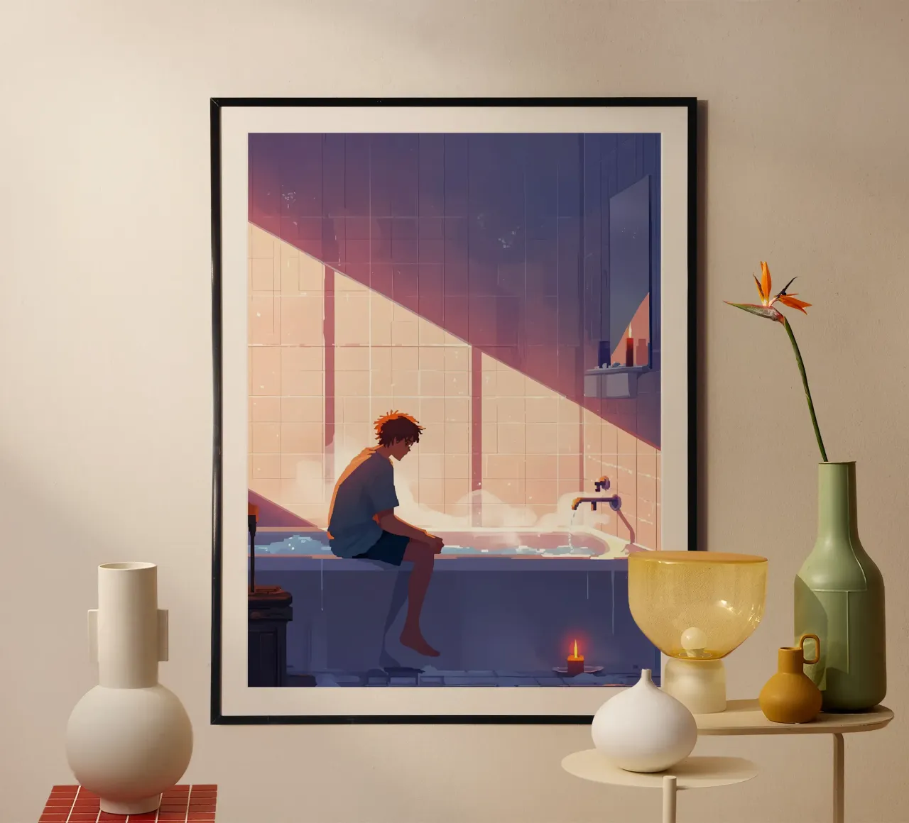 Ragazzo nella vasca da bagno Lofi Art poster con telaio in legno da LoFi Gallery