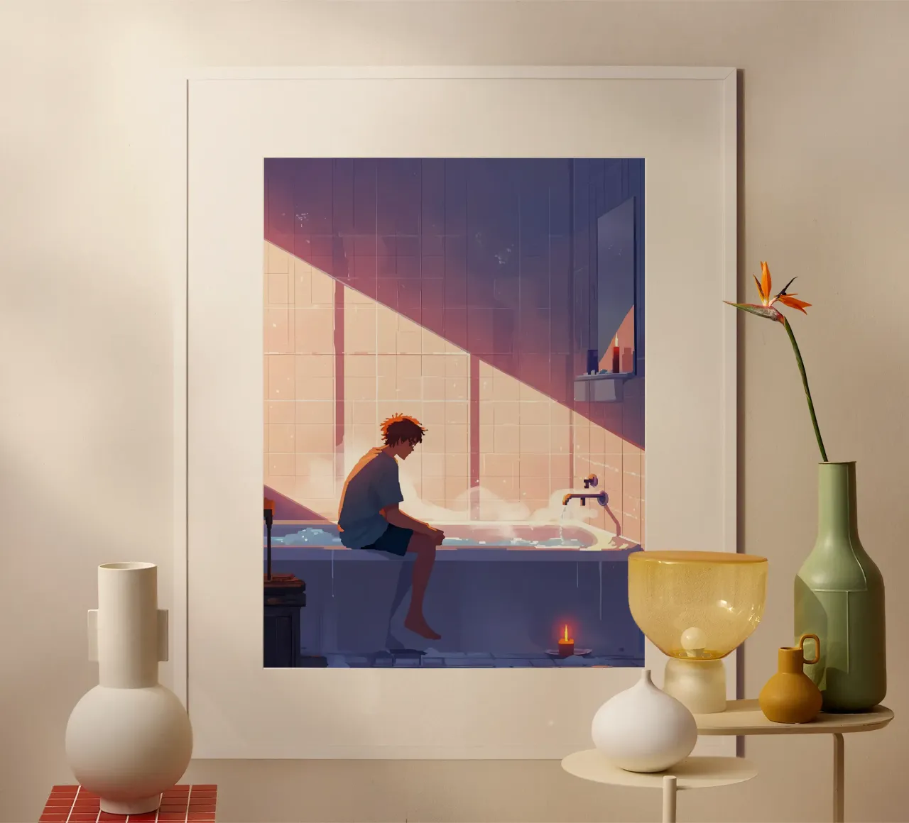 Ragazzo nella vasca da bagno Lofi Art poster con telaio in legno da LoFi Gallery