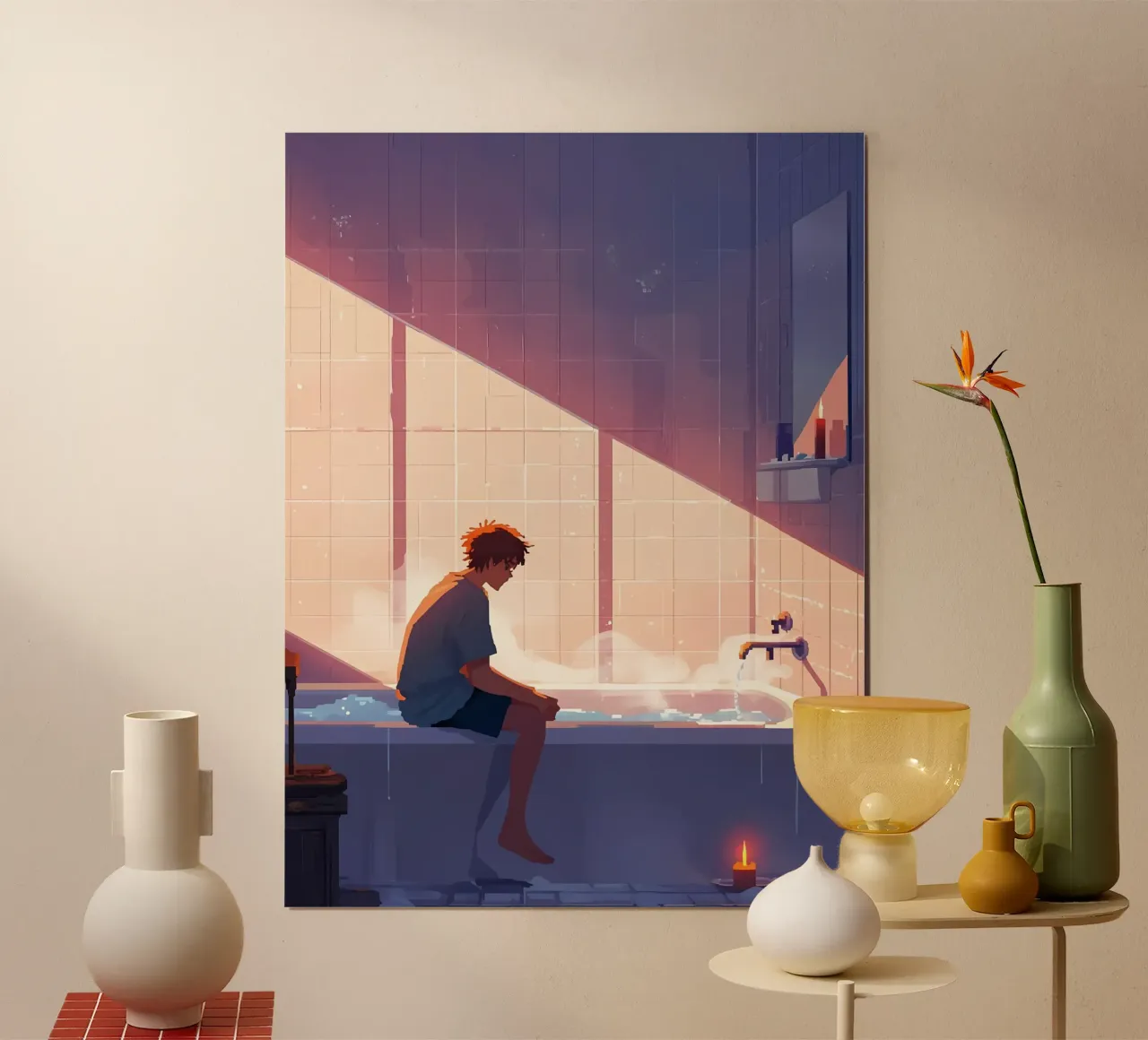 Ragazzo nella vasca da bagno Lofi Art poster con telaio in legno da LoFi Gallery