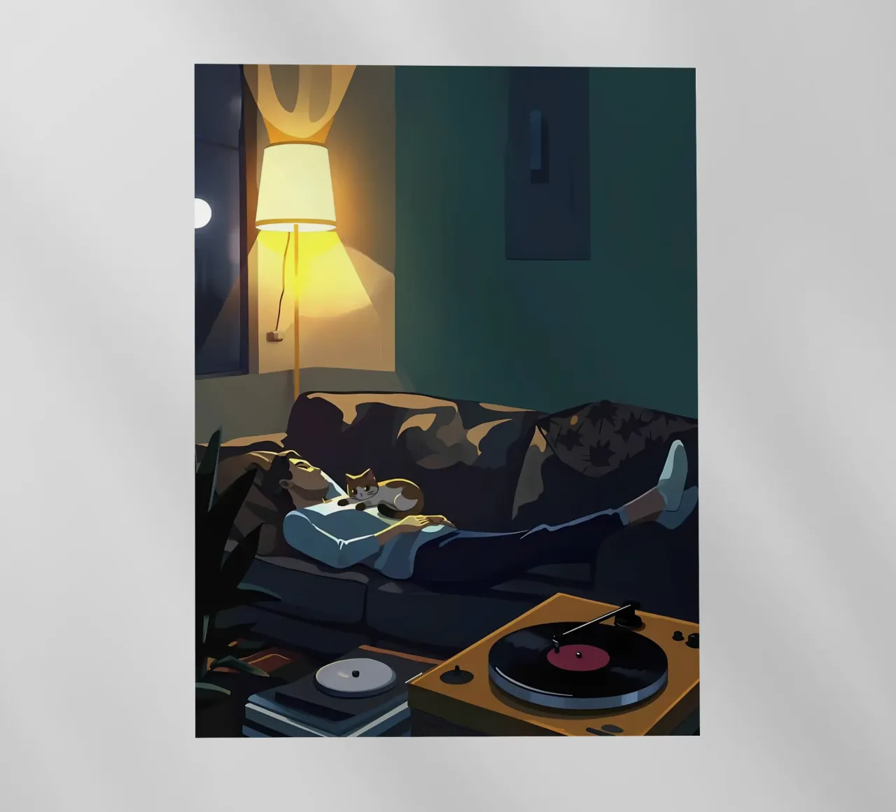 Dormire con il gatto di notte Lofi Art pellicola backlit da LoFi Gallery
