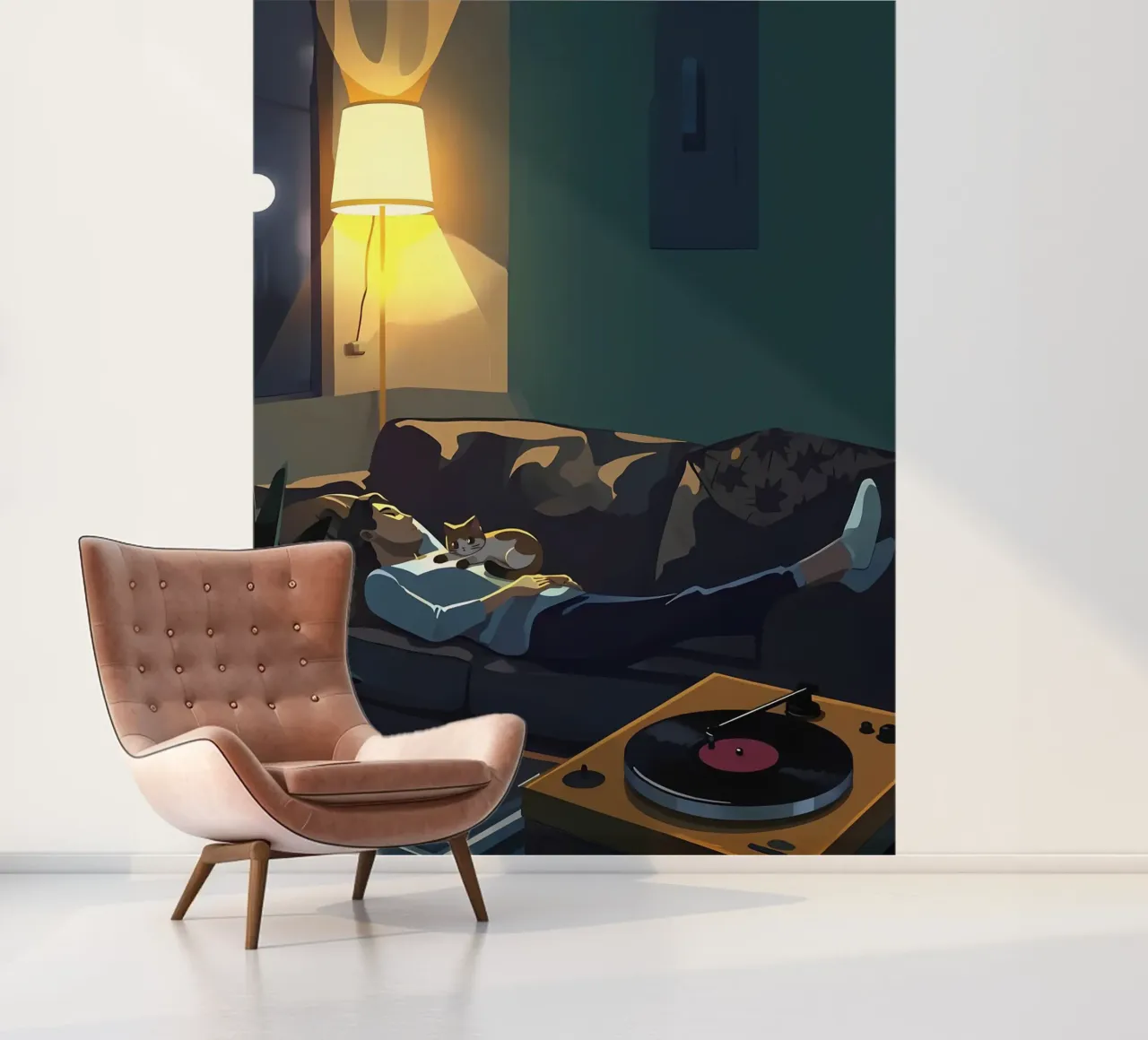 Sleeping With Cat At Night Lofi Art photo wallpaper by LoFi Gallery