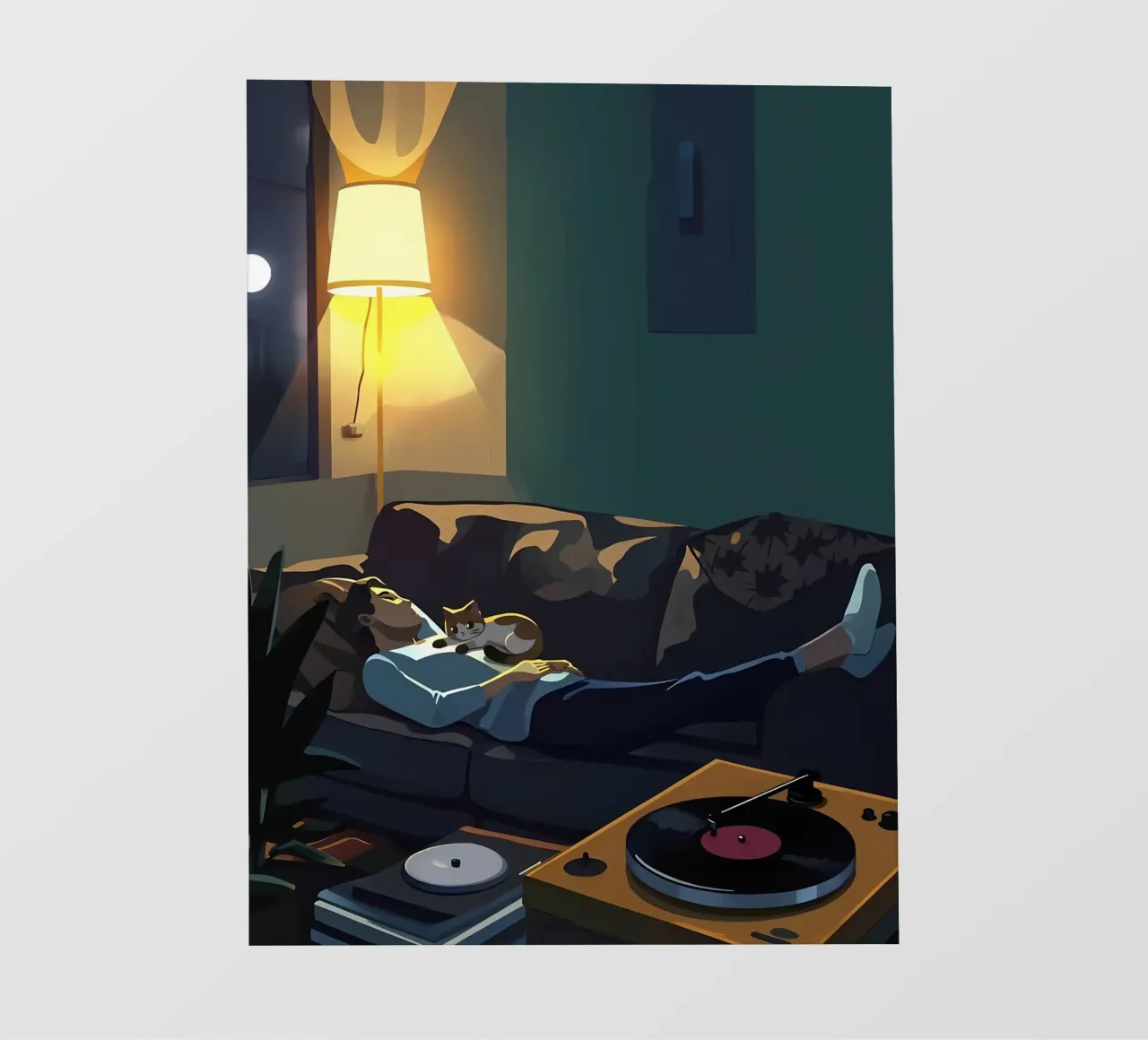 Dormire con il gatto di notte Lofi Art telo in pvc da LoFi Gallery