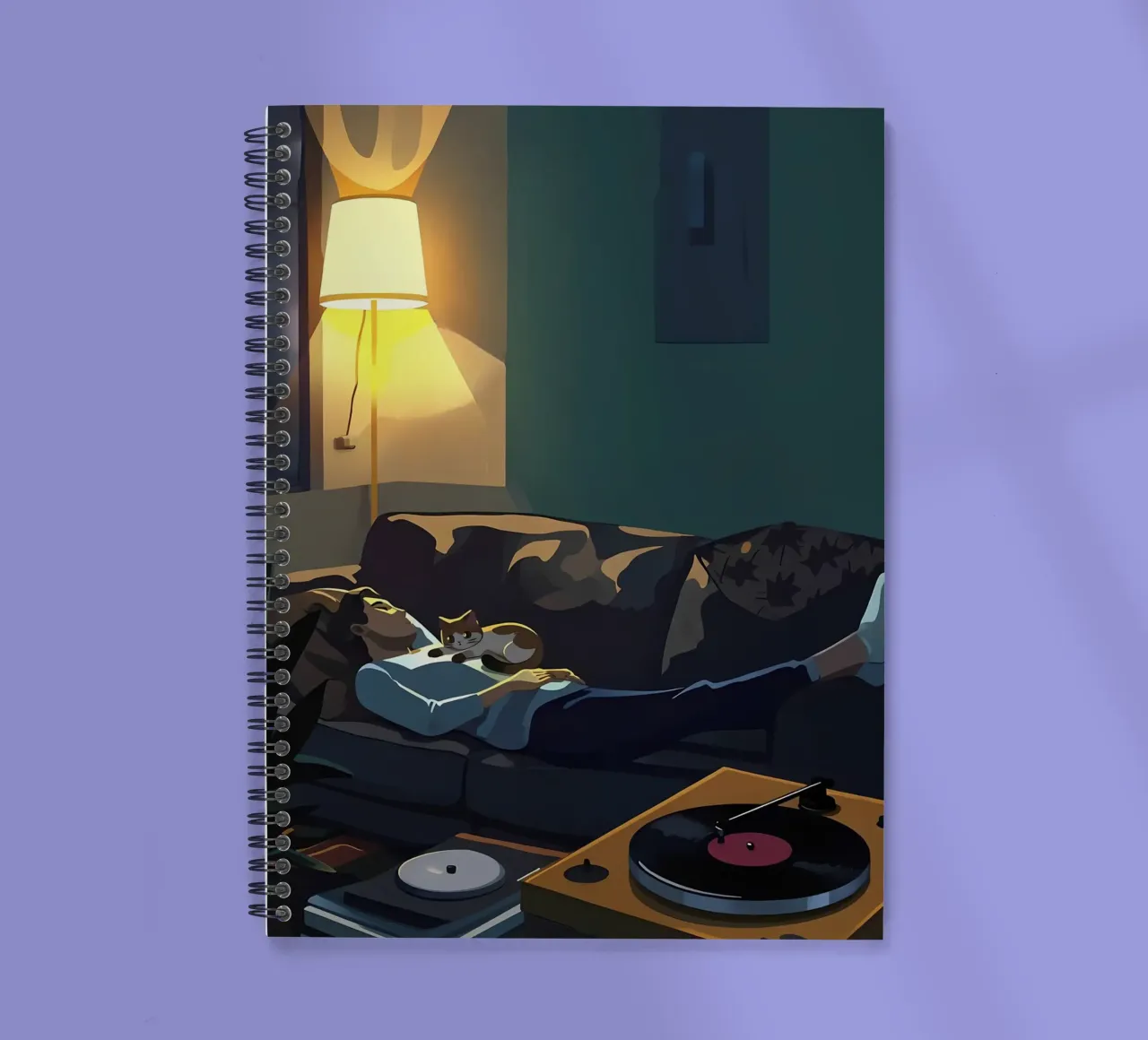 Sleeping With Cat At Night Lofi Art spiral notebook by LoFi Gallery