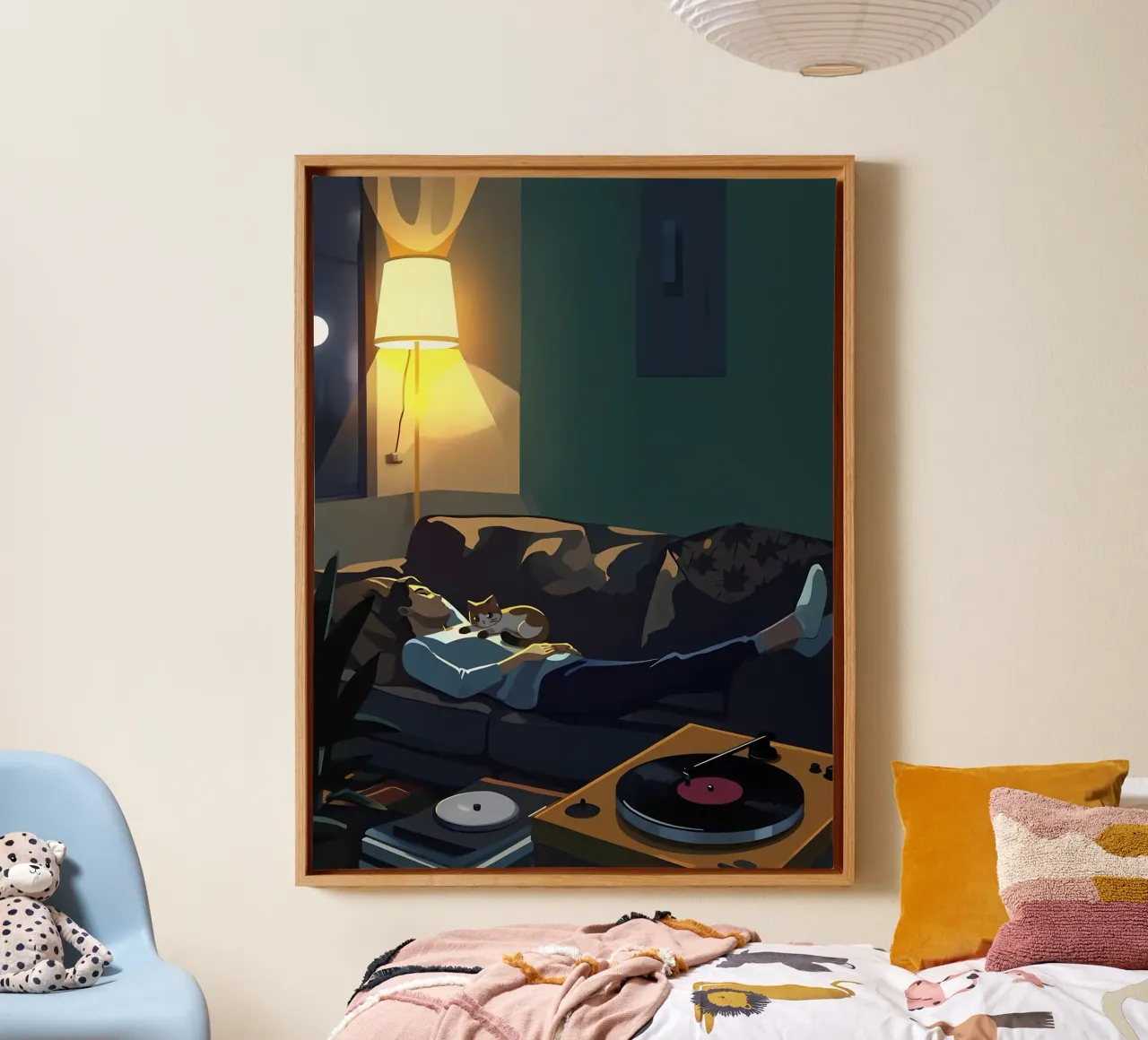 Sleeping With Cat At Night Lofi Art canvas with Floater frame by LoFi Gallery