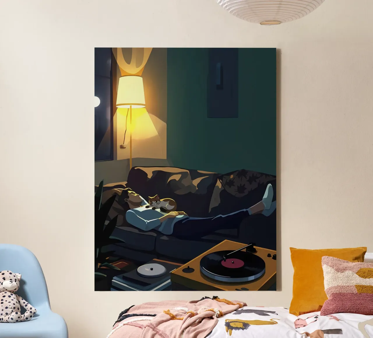 Sleeping With Cat At Night Lofi Art canvas with Floater frame by LoFi Gallery
