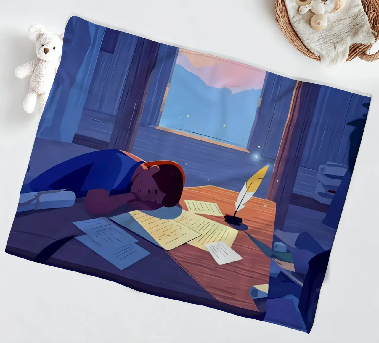 Luce del sole che sveglia uno scrittore al mattino Lofi Art coperta in pile da LoFi Gallery