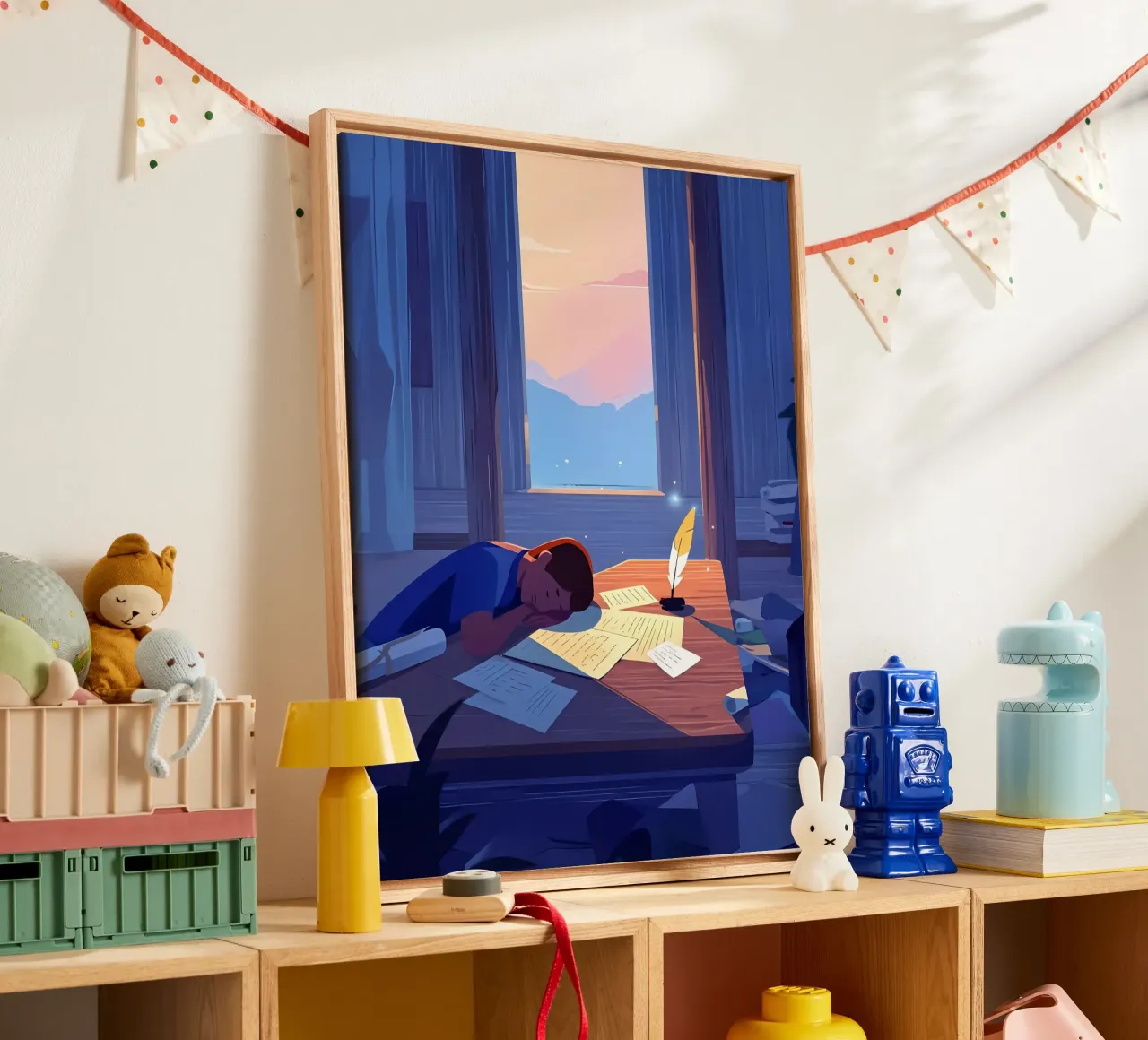 Luce del sole che sveglia uno scrittore al mattino Lofi Art tela con Cornice a cassetta da LoFi Gallery