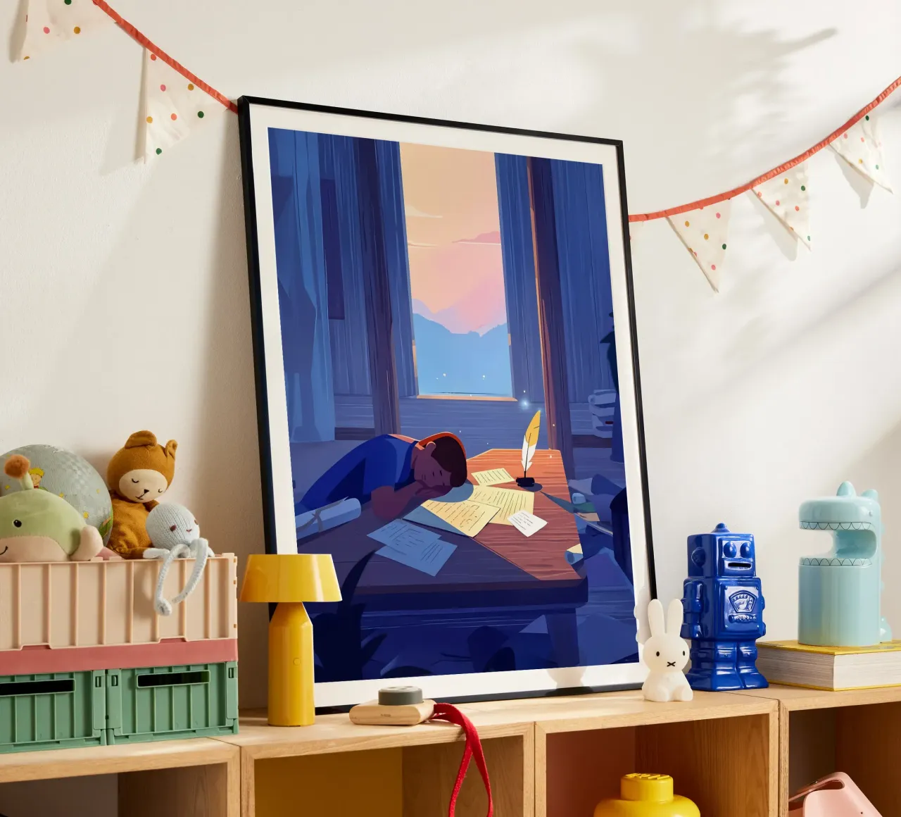 Luce del sole che sveglia uno scrittore al mattino Lofi Art poster con telaio in alluminio da LoFi Gallery