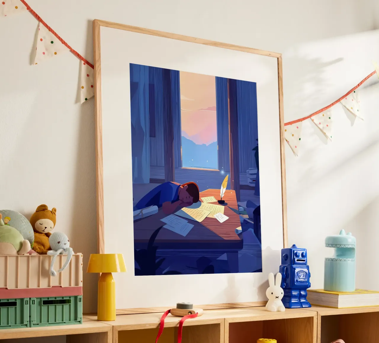 Luce del sole che sveglia uno scrittore al mattino Lofi Art poster con telaio in alluminio da LoFi Gallery