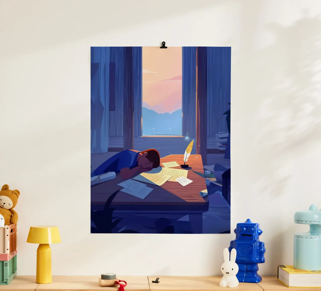 Luce del sole che sveglia uno scrittore al mattino Lofi Art poster con telaio in alluminio da LoFi Gallery