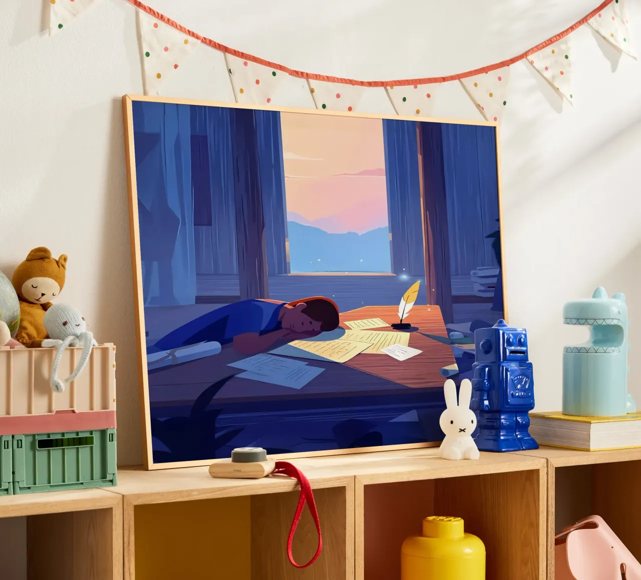 Luce del sole che sveglia uno scrittore al mattino Lofi Art poster con telaio in alluminio da LoFi Gallery