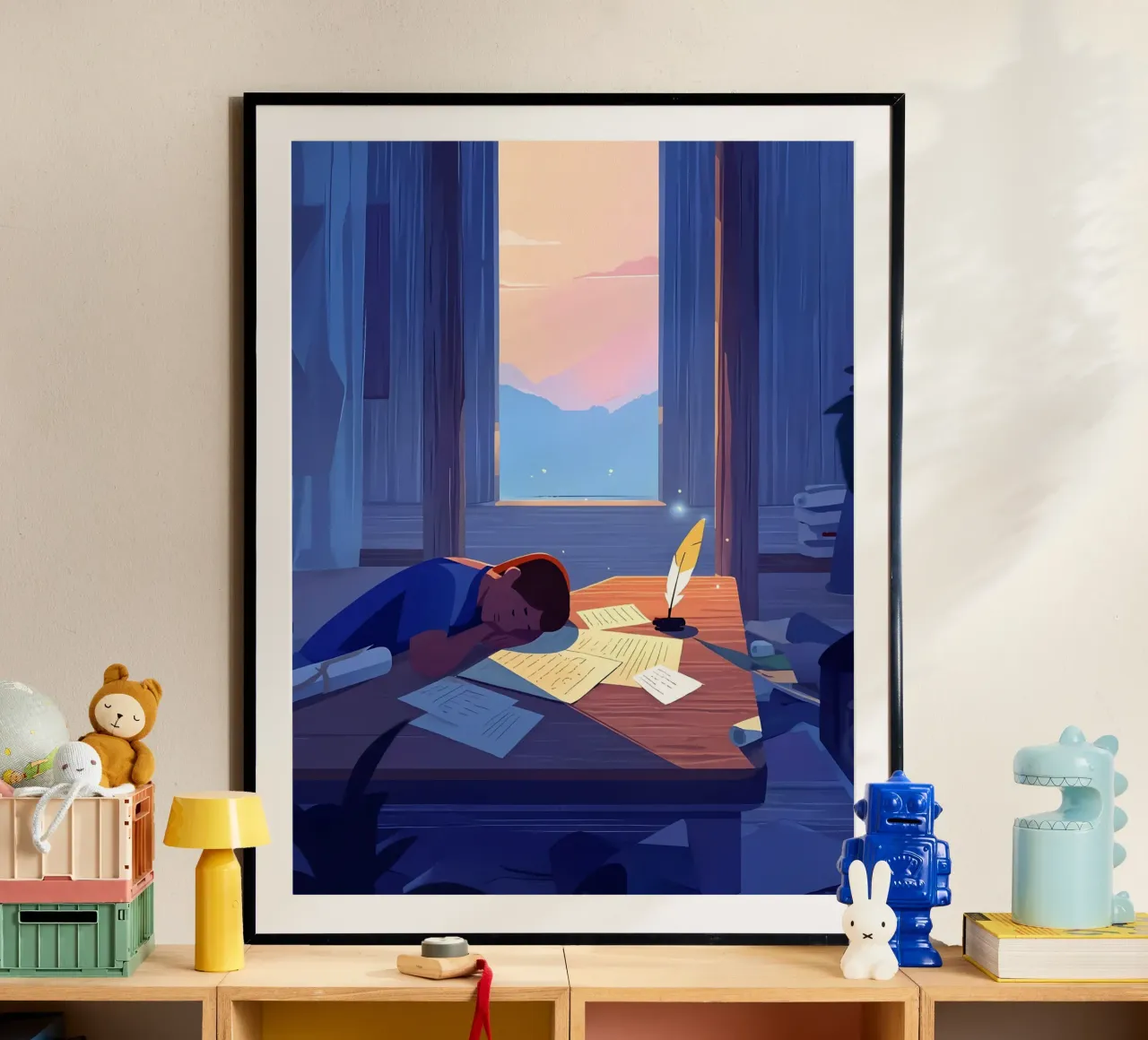 Luce del sole che sveglia uno scrittore al mattino Lofi Art poster con telaio in alluminio da LoFi Gallery