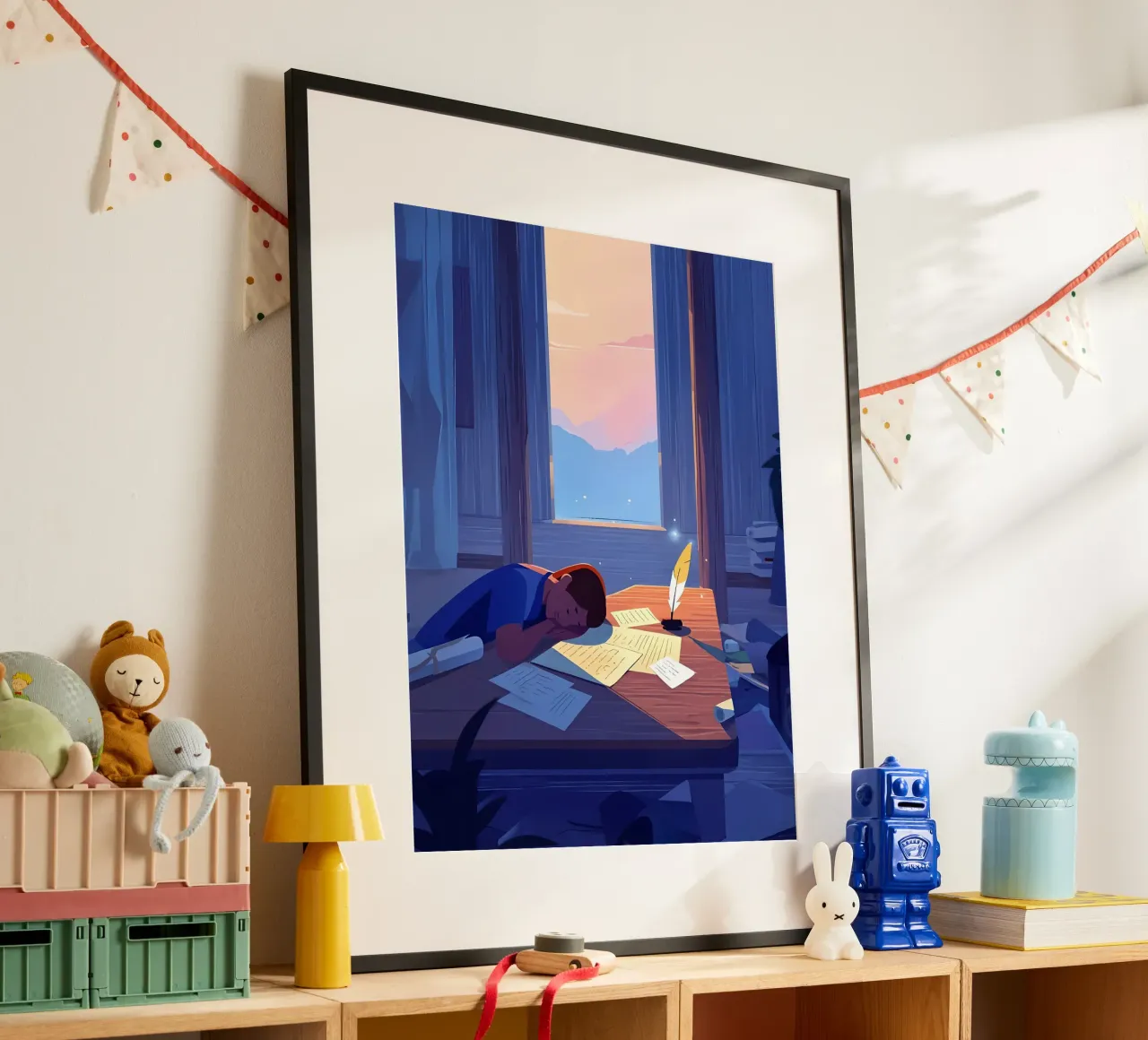 Luce del sole che sveglia uno scrittore al mattino Lofi Art poster con telaio in alluminio da LoFi Gallery