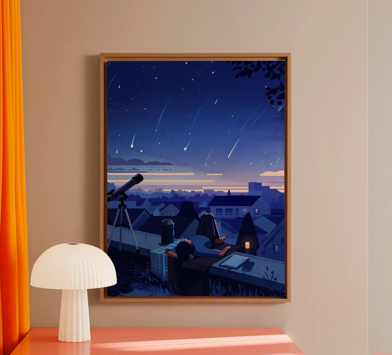 Guardando la pioggia di meteoriti nel cielo notturno Lofi Art tela con Cornice a cassetta da LoFi Gallery