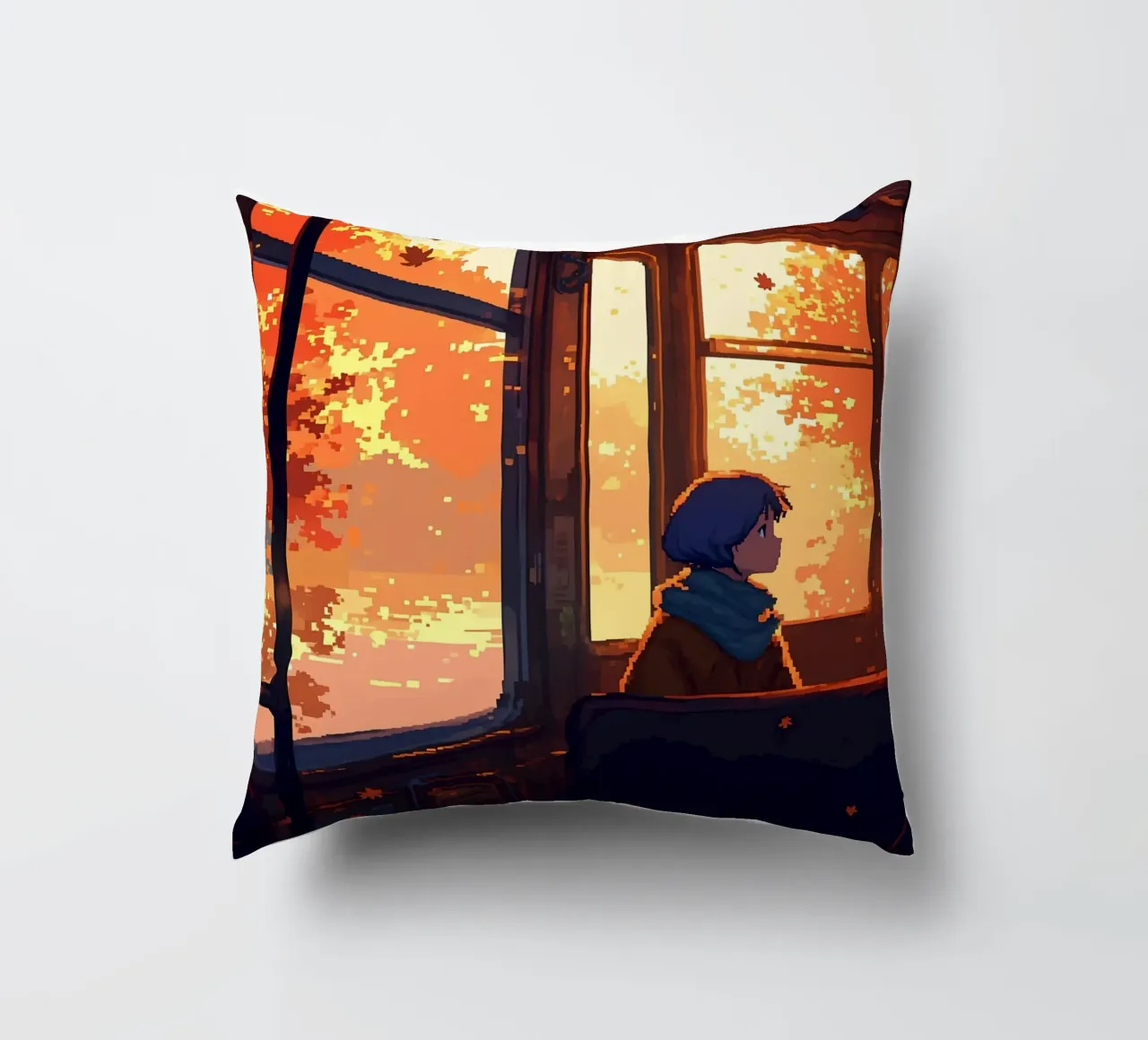 Ragazza all'interno di un treno in autunno Lofi Art cuscino da LoFi Gallery