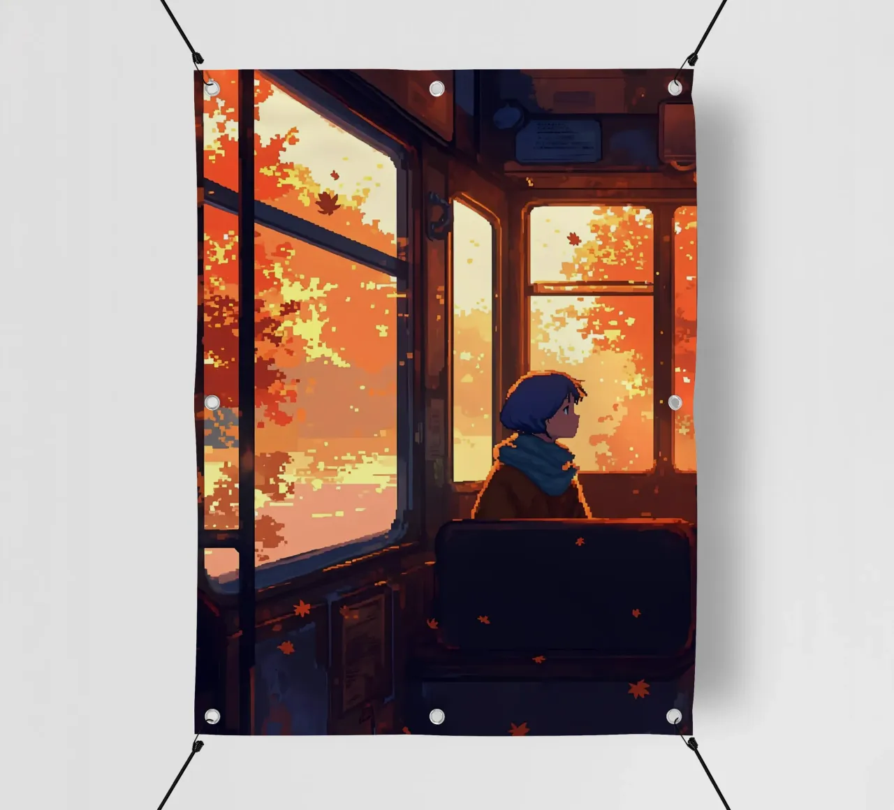 Ragazza all'interno di un treno in autunno Lofi Art telo in pvc da LoFi Gallery