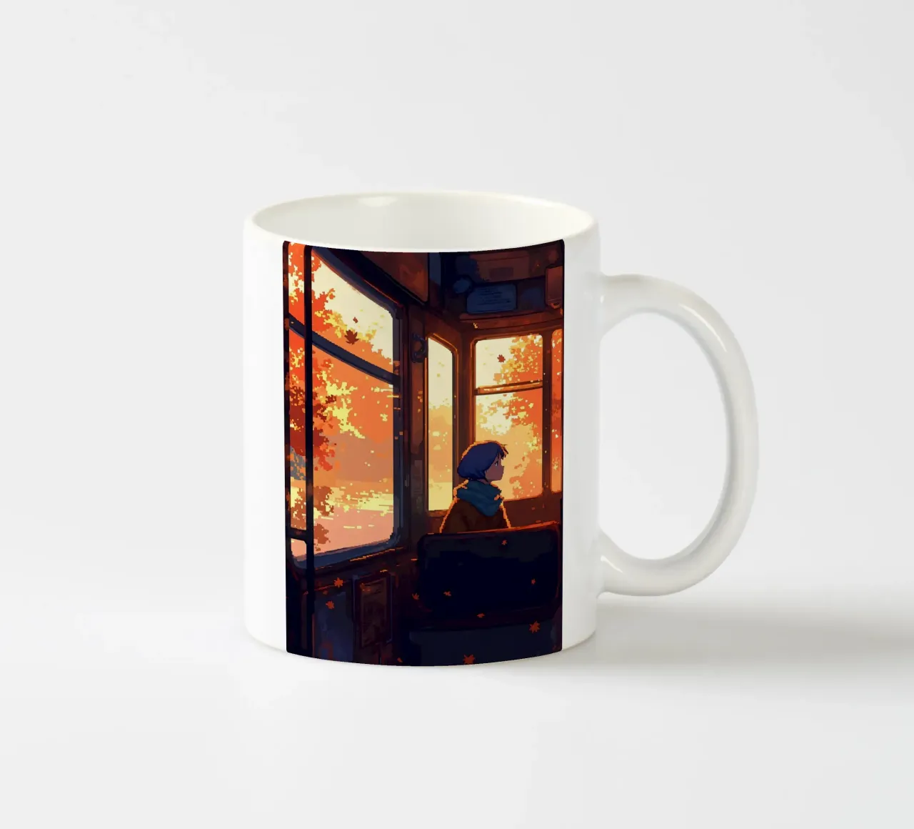 Ragazza all'interno di un treno in autunno Lofi Art tazza in ceramica da LoFi Gallery