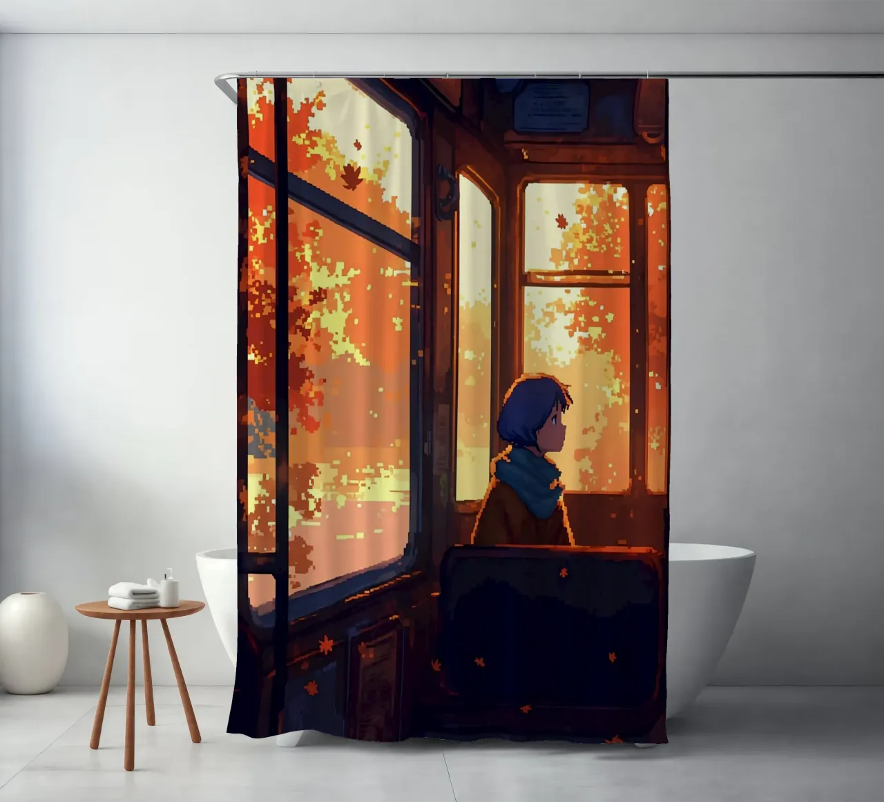 Ragazza all'interno di un treno in autunno Lofi Art tenda da doccia da LoFi Gallery