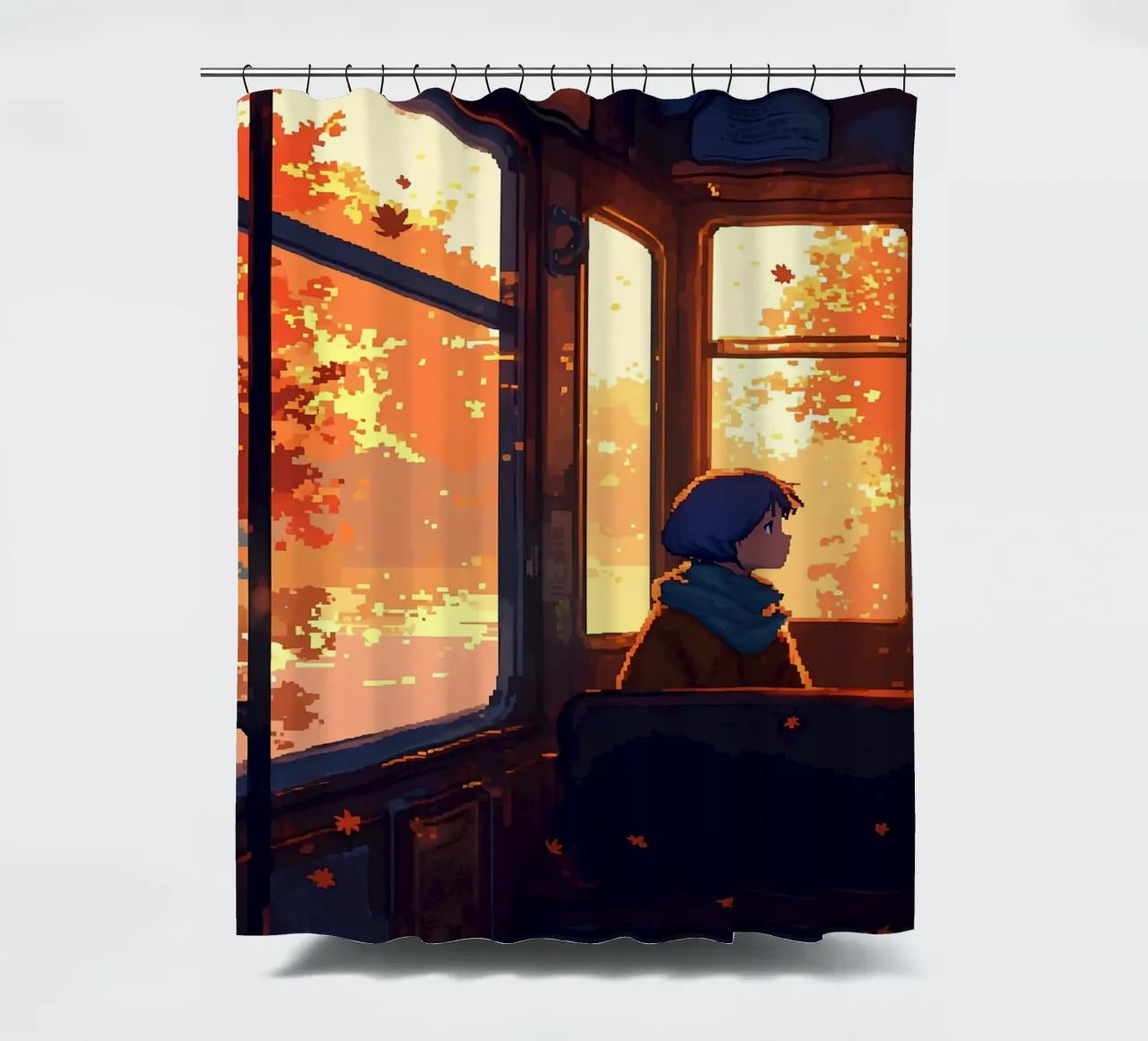 Ragazza all'interno di un treno in autunno Lofi Art tenda da doccia da LoFi Gallery