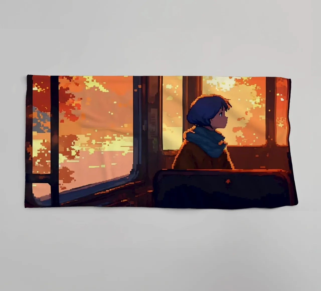 Ragazza all'interno di un treno in autunno Lofi Art asciugamano da bagno da LoFi Gallery