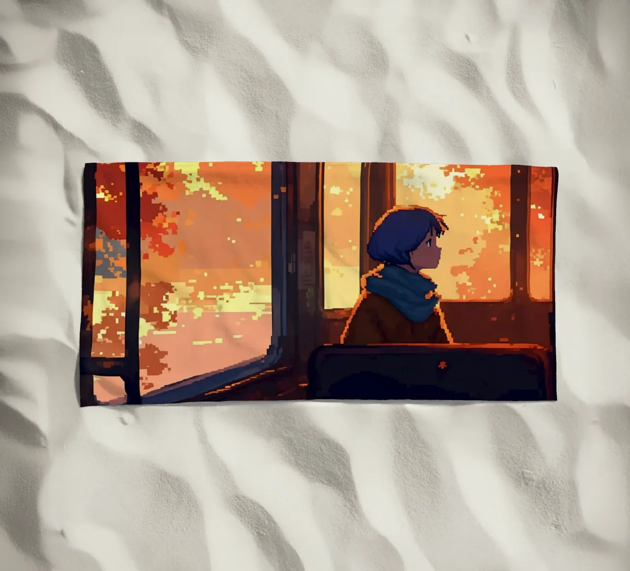 Ragazza all'interno di un treno in autunno Lofi Art telo mare da LoFi Gallery