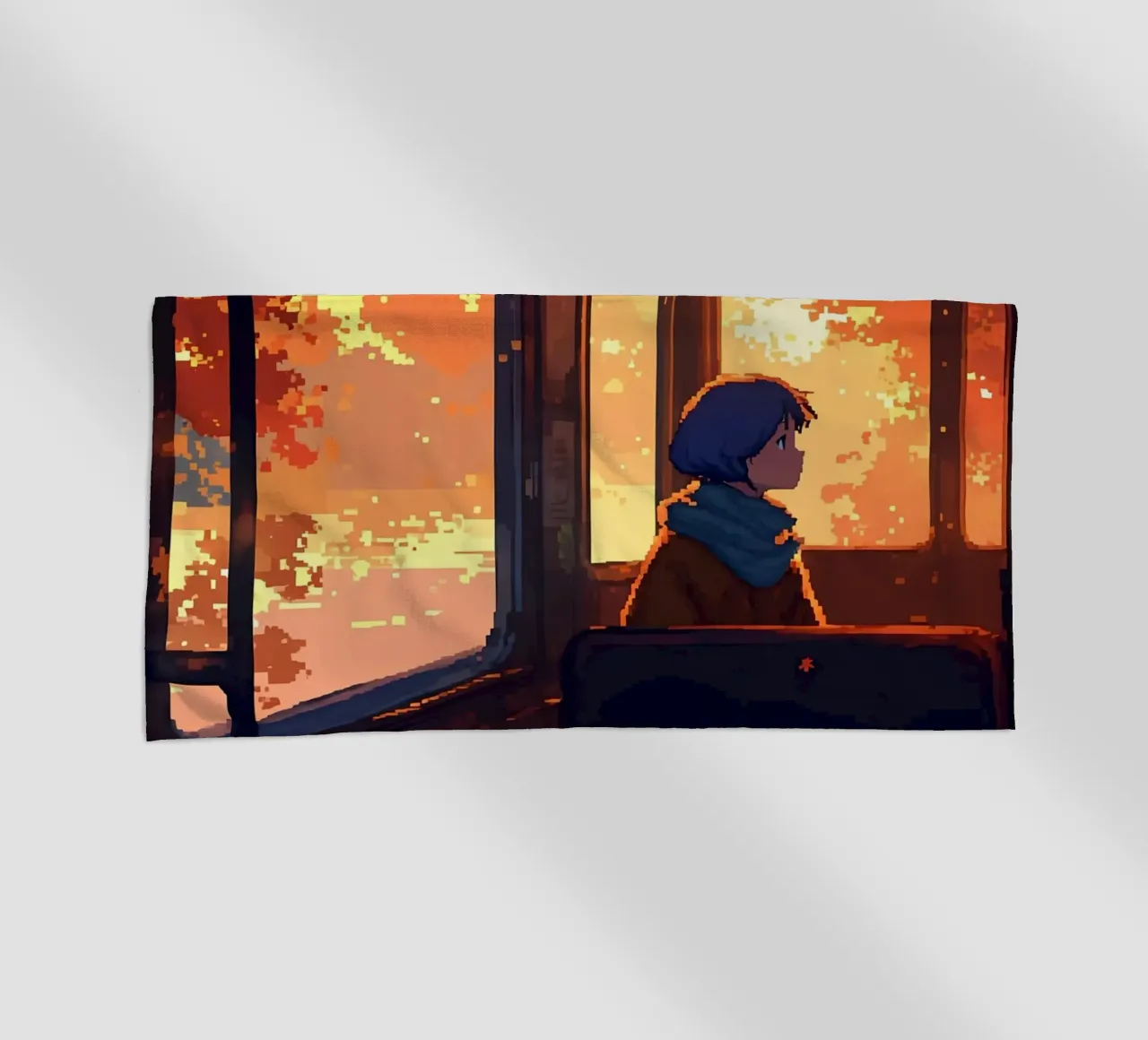 Ragazza all'interno di un treno in autunno Lofi Art telo mare da LoFi Gallery