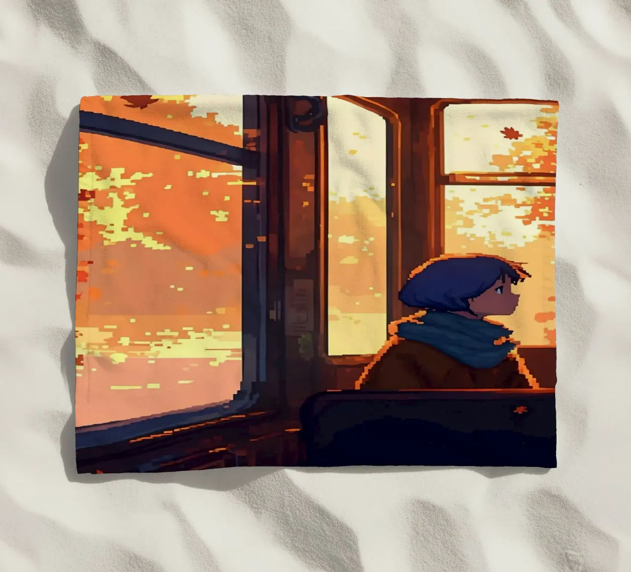 Ragazza all'interno di un treno in autunno Lofi Art telo mare da LoFi Gallery