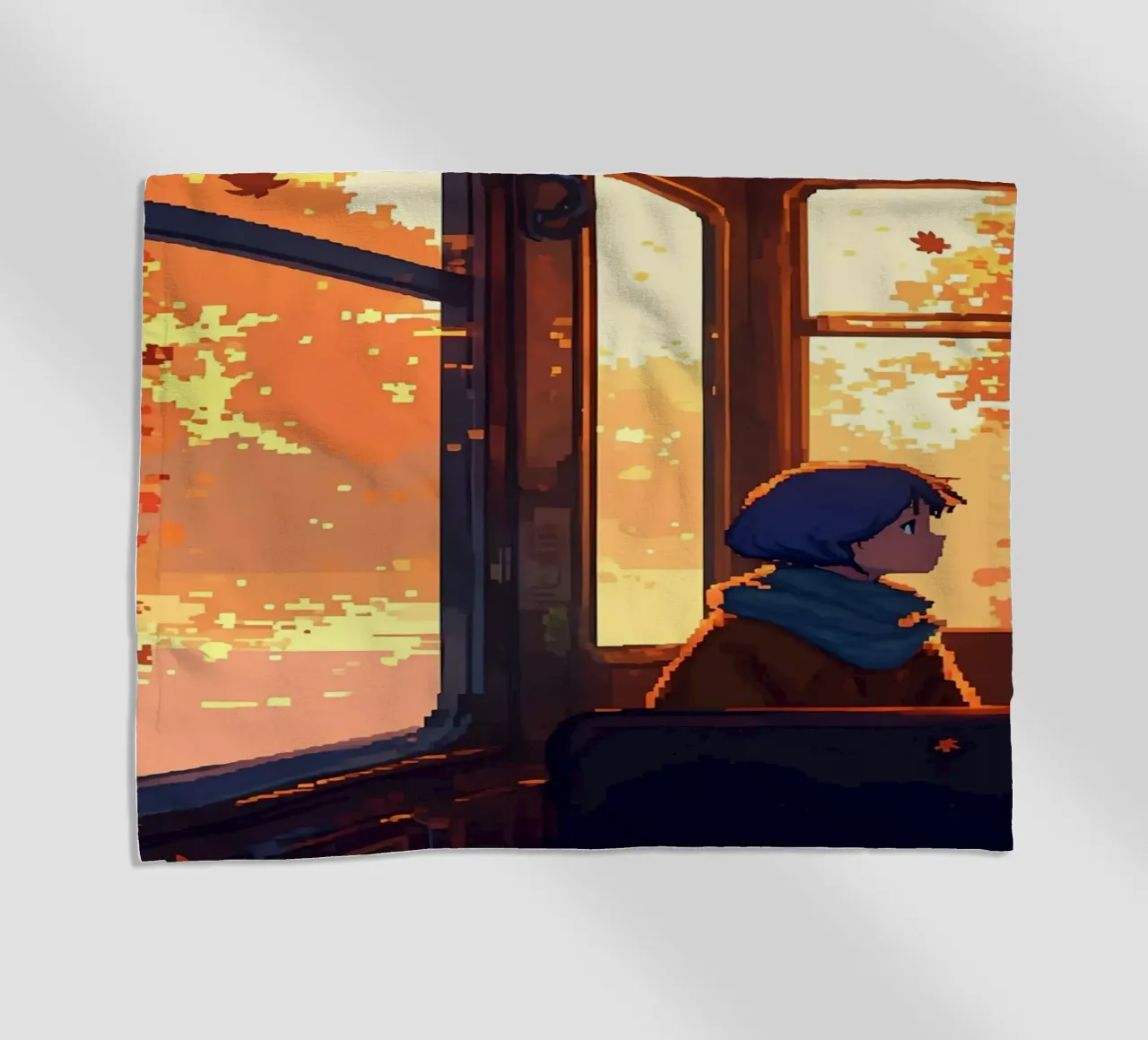 Ragazza all'interno di un treno in autunno Lofi Art telo mare da LoFi Gallery