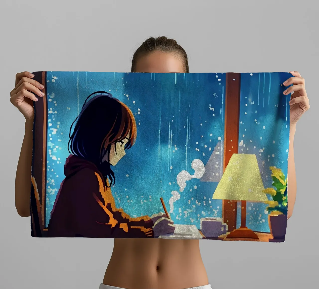 Fille assise à la fenêtre dans une nuit pluvieuse Lofi Art serviette de bain de LoFi Gallery