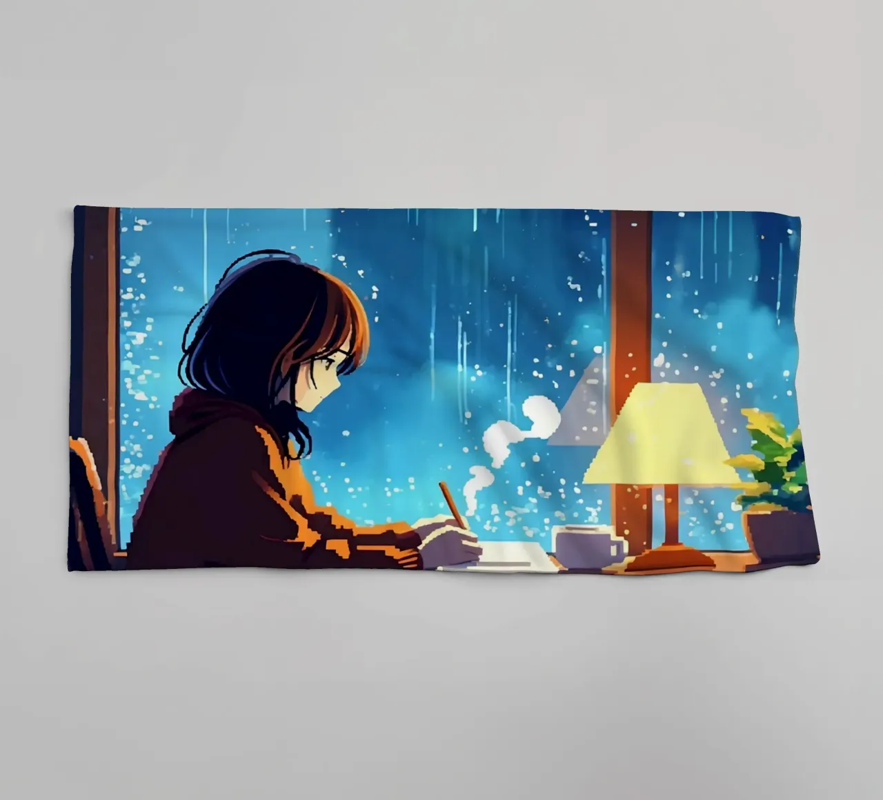 Fille assise à la fenêtre dans une nuit pluvieuse Lofi Art serviette de bain de LoFi Gallery