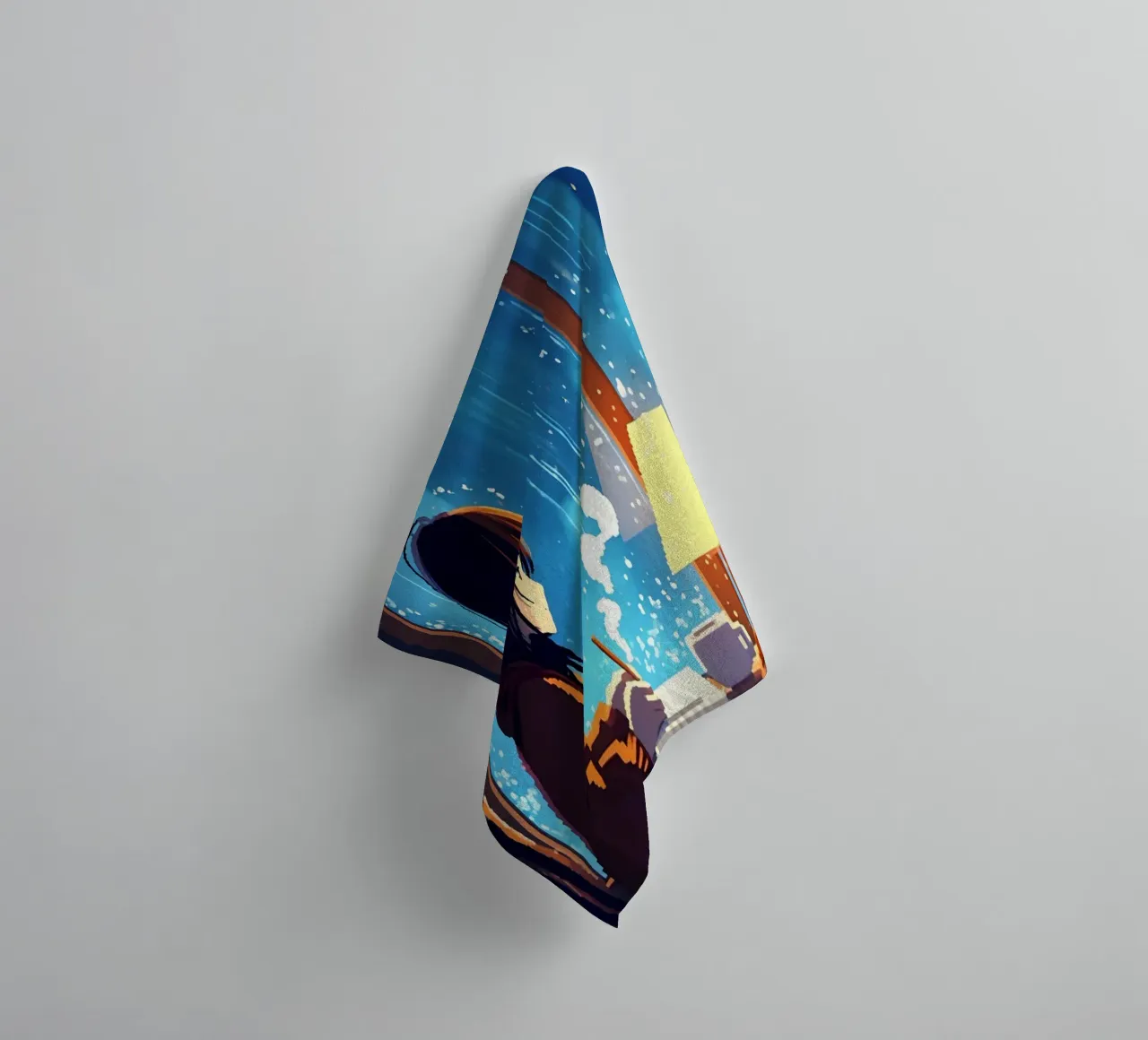 Fille assise à la fenêtre dans une nuit pluvieuse Lofi Art serviette de bain de LoFi Gallery
