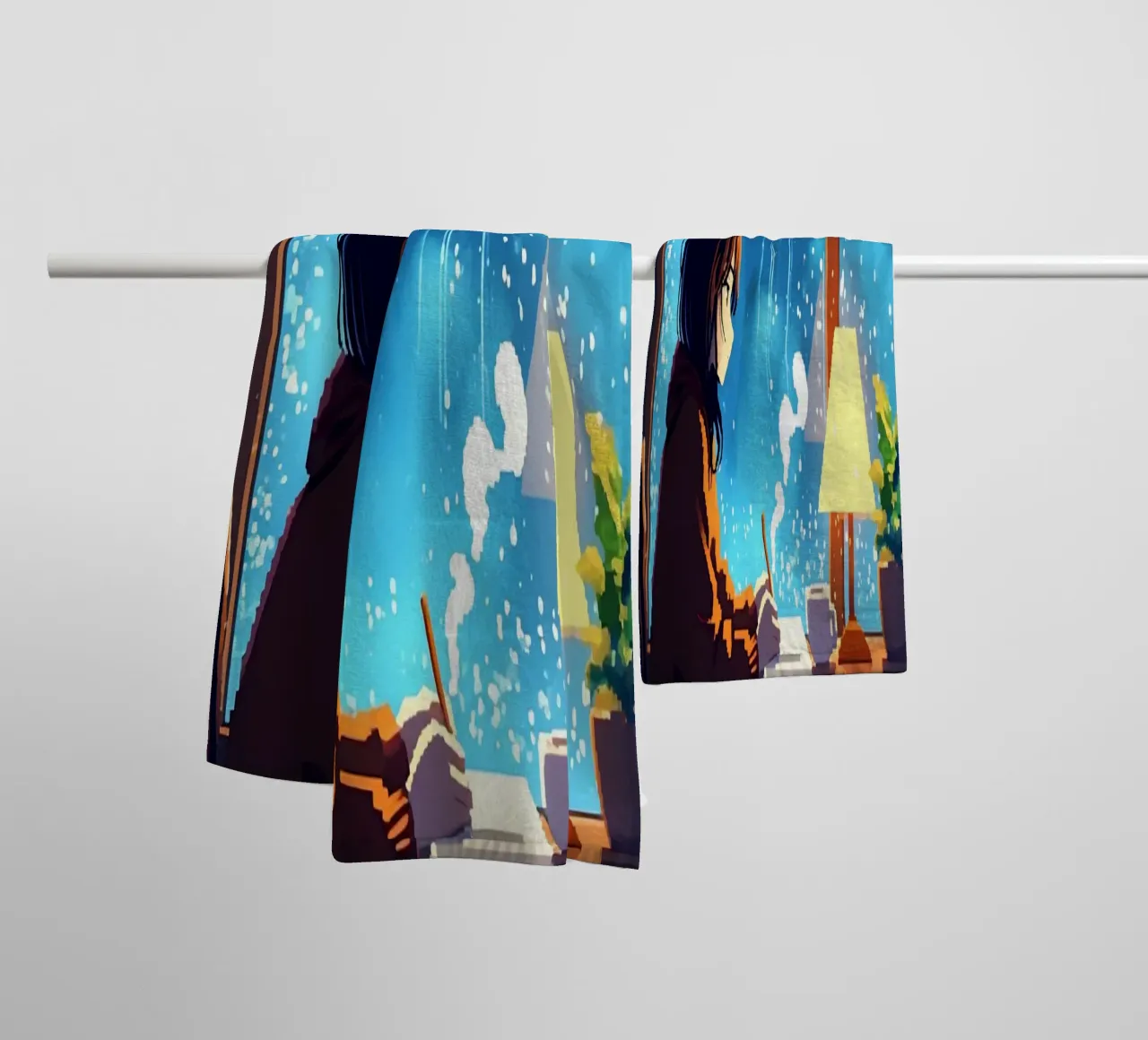 Fille assise à la fenêtre dans une nuit pluvieuse Lofi Art serviette de bain de LoFi Gallery
