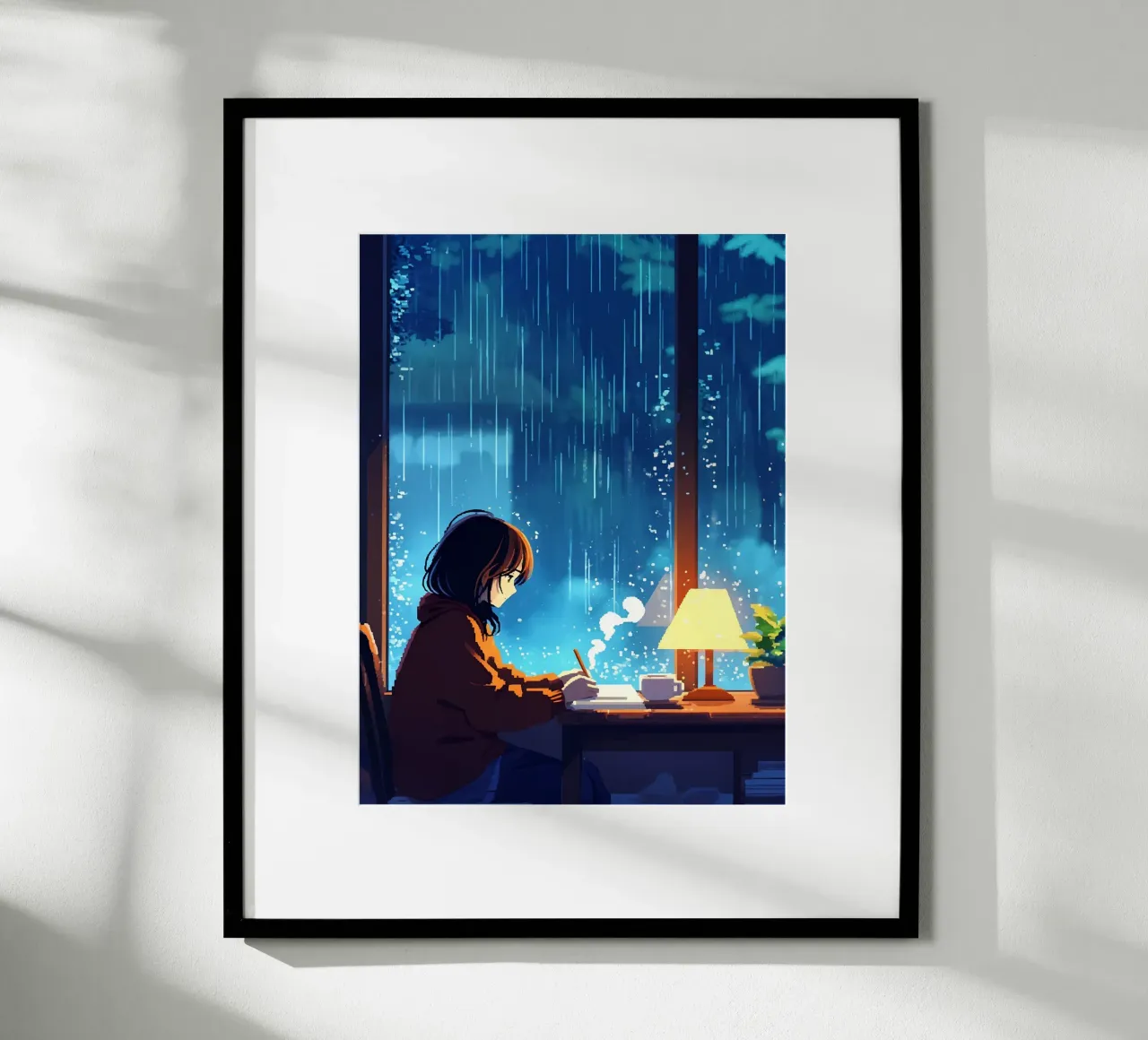 Ragazza seduta alla finestra in una notte di pioggia Lofi Art poster con telaio in legno da LoFi Gallery