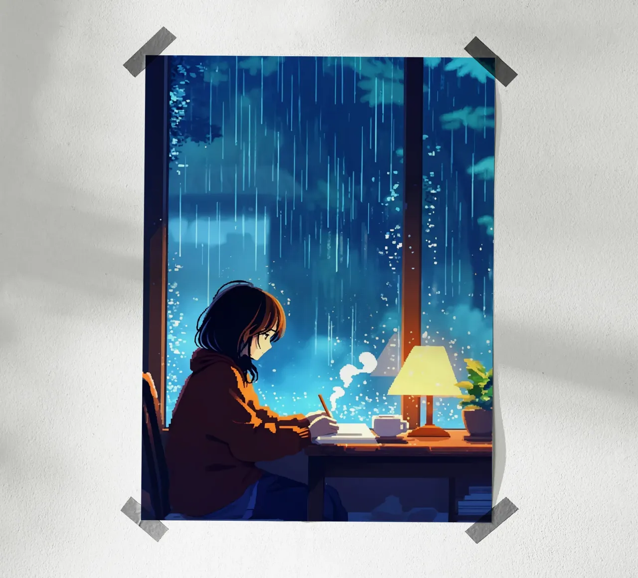 Ragazza seduta alla finestra in una notte di pioggia Lofi Art poster con telaio in legno da LoFi Gallery