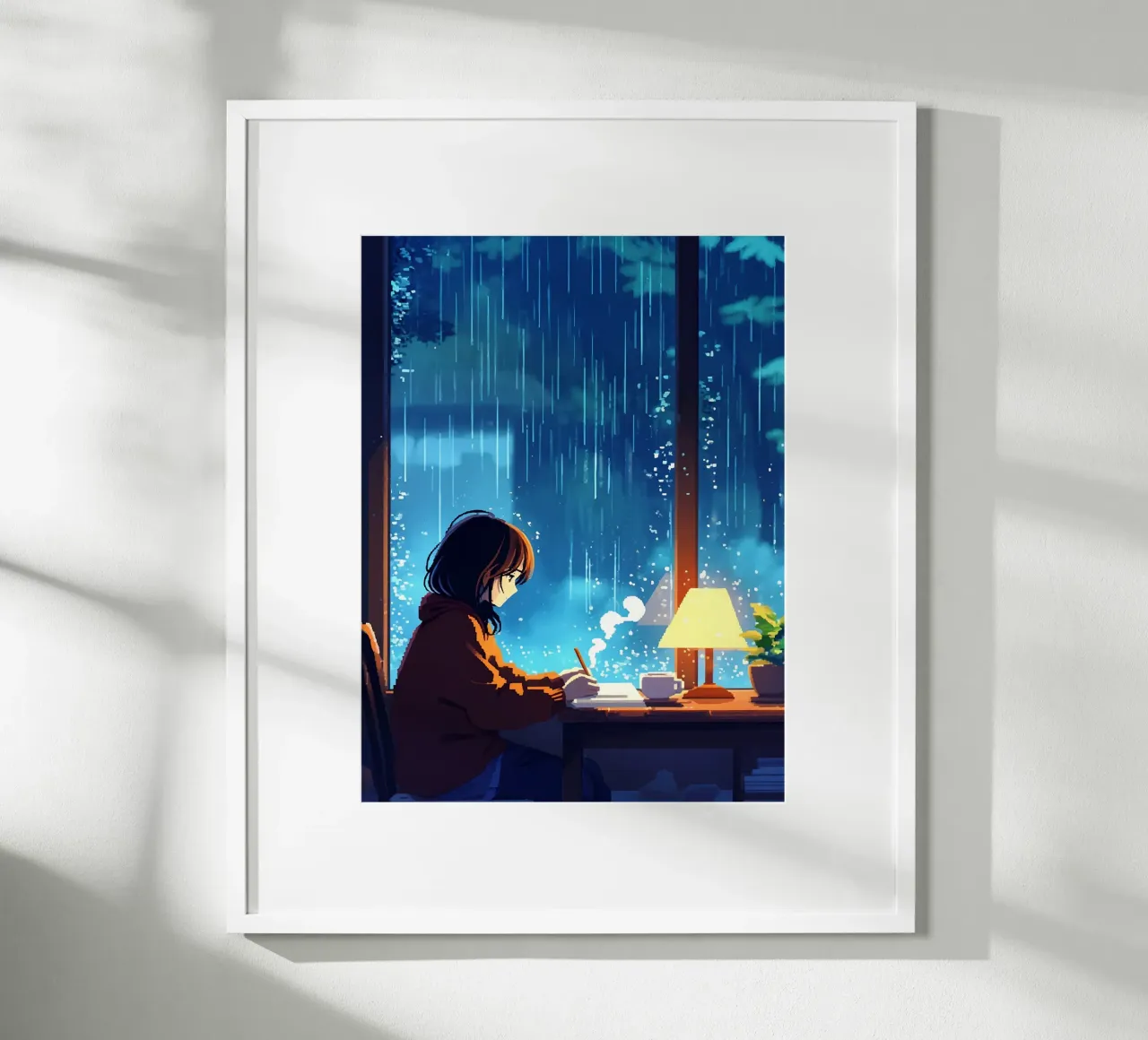 Ragazza seduta alla finestra in una notte di pioggia Lofi Art poster con telaio in legno da LoFi Gallery