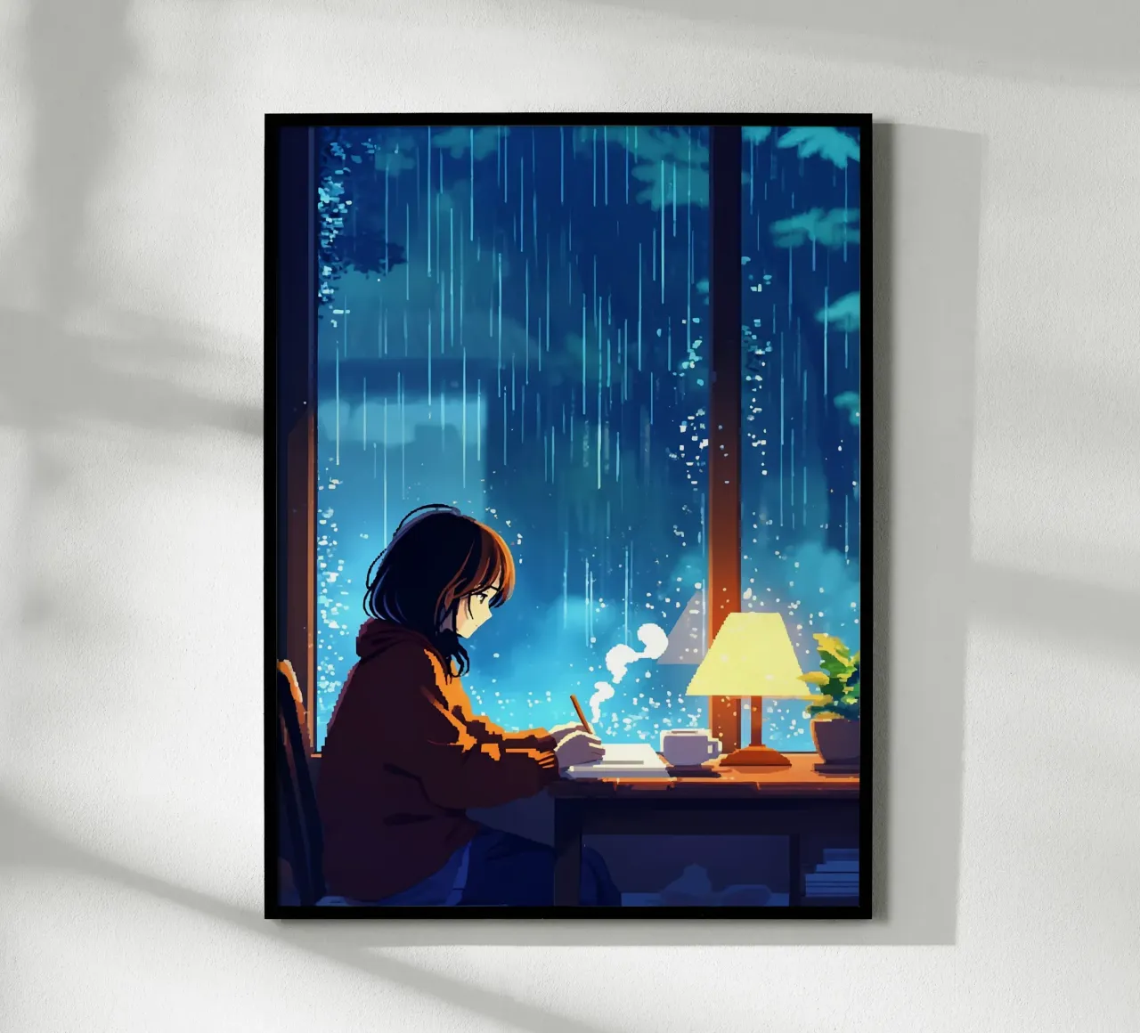 Ragazza seduta alla finestra in una notte di pioggia Lofi Art poster con telaio in legno da LoFi Gallery