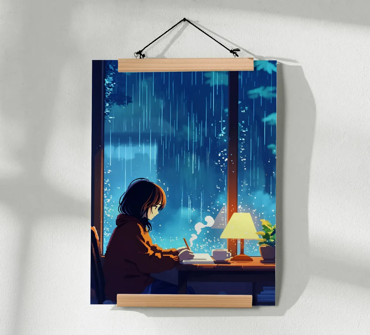 Ragazza seduta alla finestra in una notte di pioggia Lofi Art poster con telaio in legno da LoFi Gallery