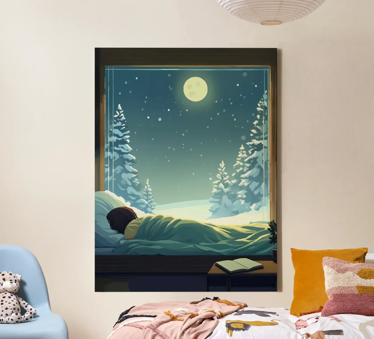 Dormire sotto la luna in inverno notte Lofi Art tela con Cornice a cassetta da LoFi Gallery