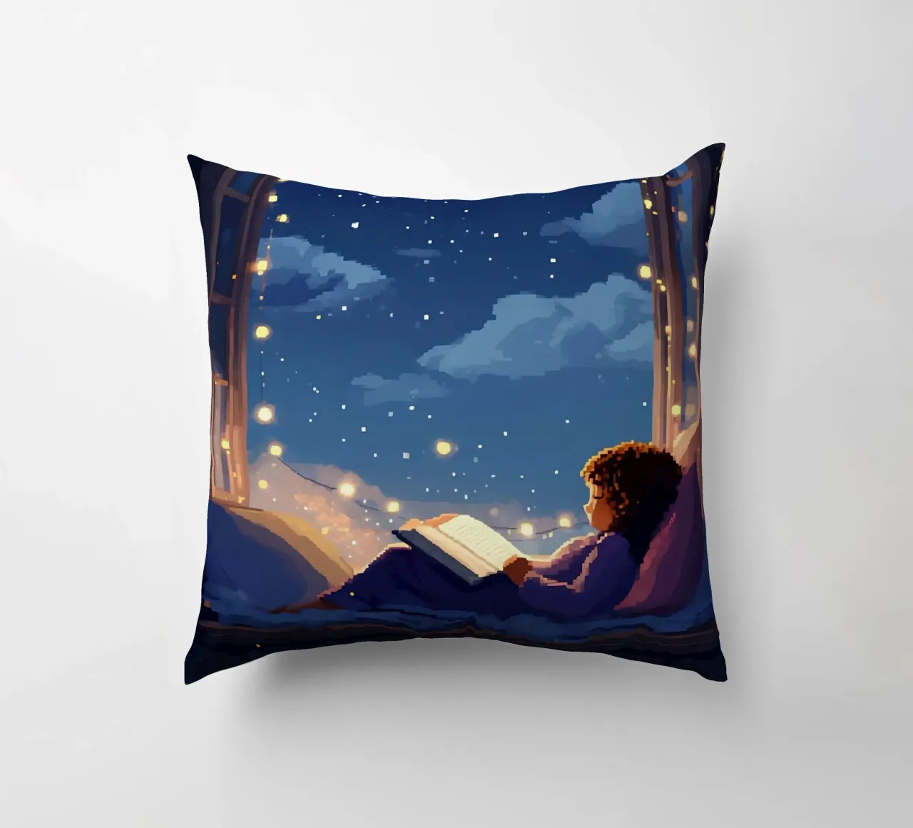 Reading Under The Festival Night Lofi Art decorative cushion by LoFi Gallery