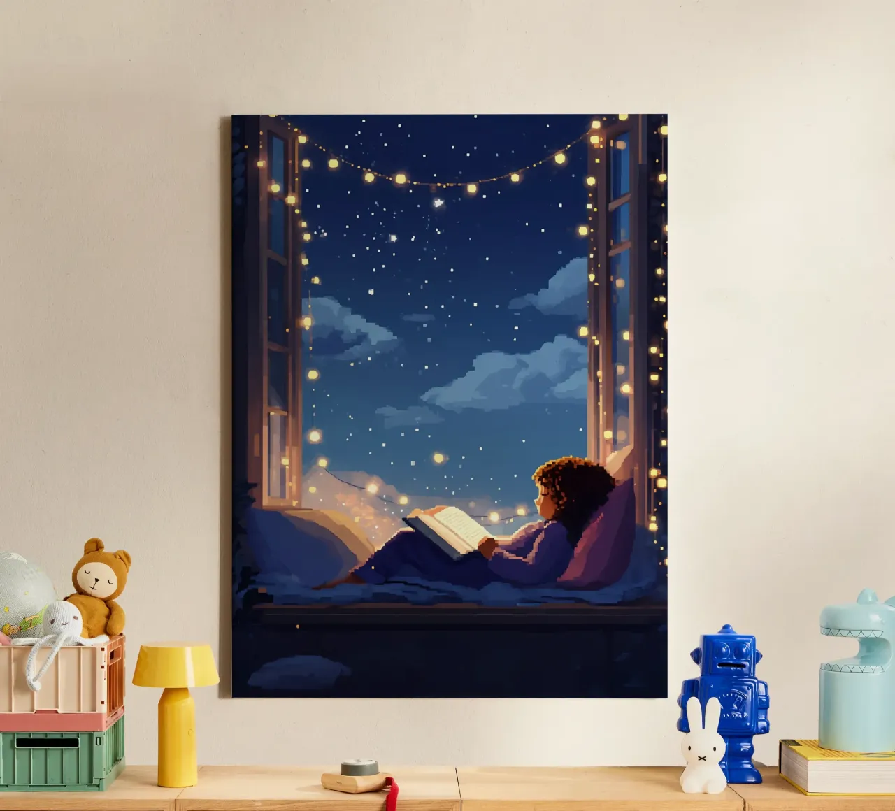 Lecture sous la nuit des festivals Lofi Art toile avec Caisse américaine de LoFi Gallery